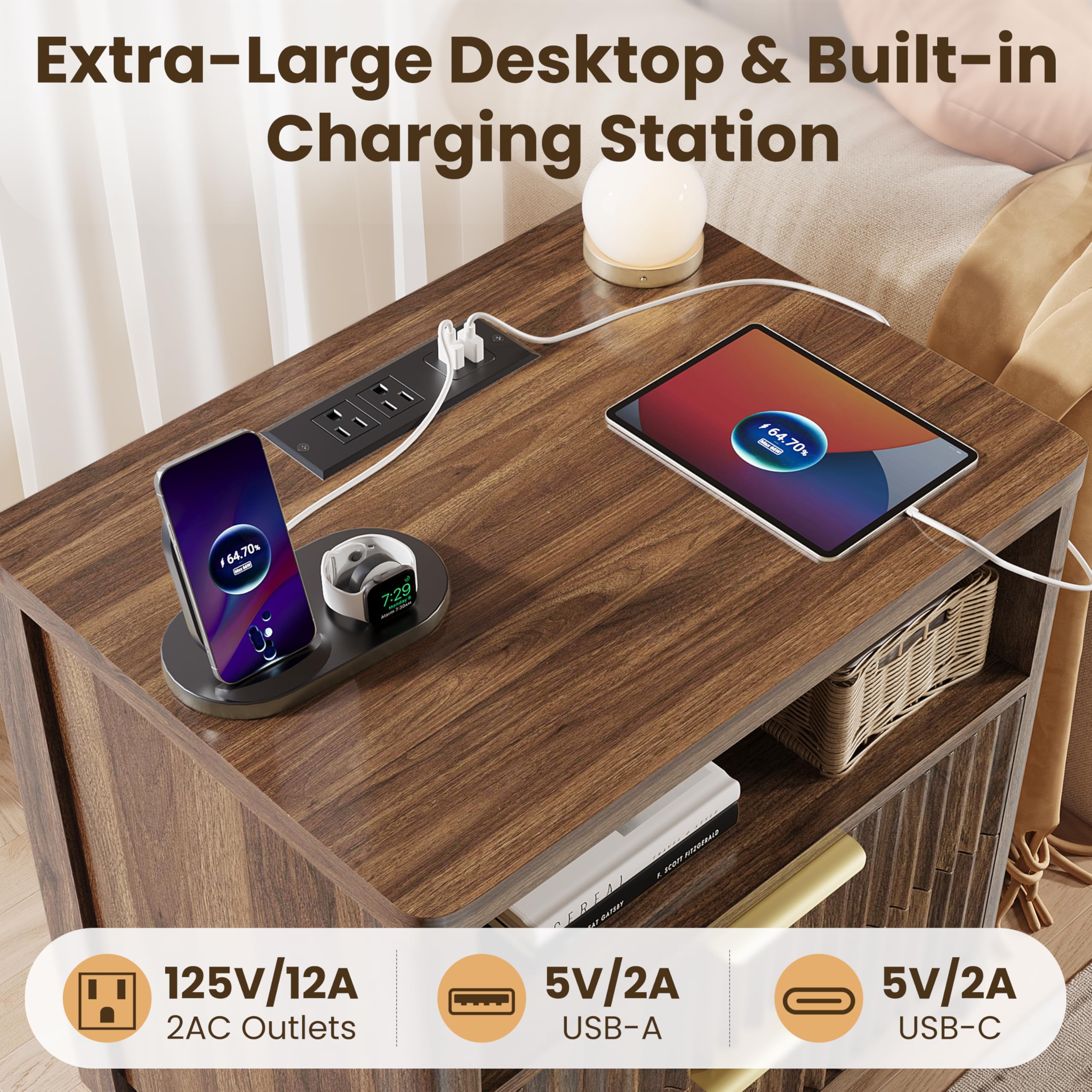 Nightstand with Charging Station & 2 Drawers