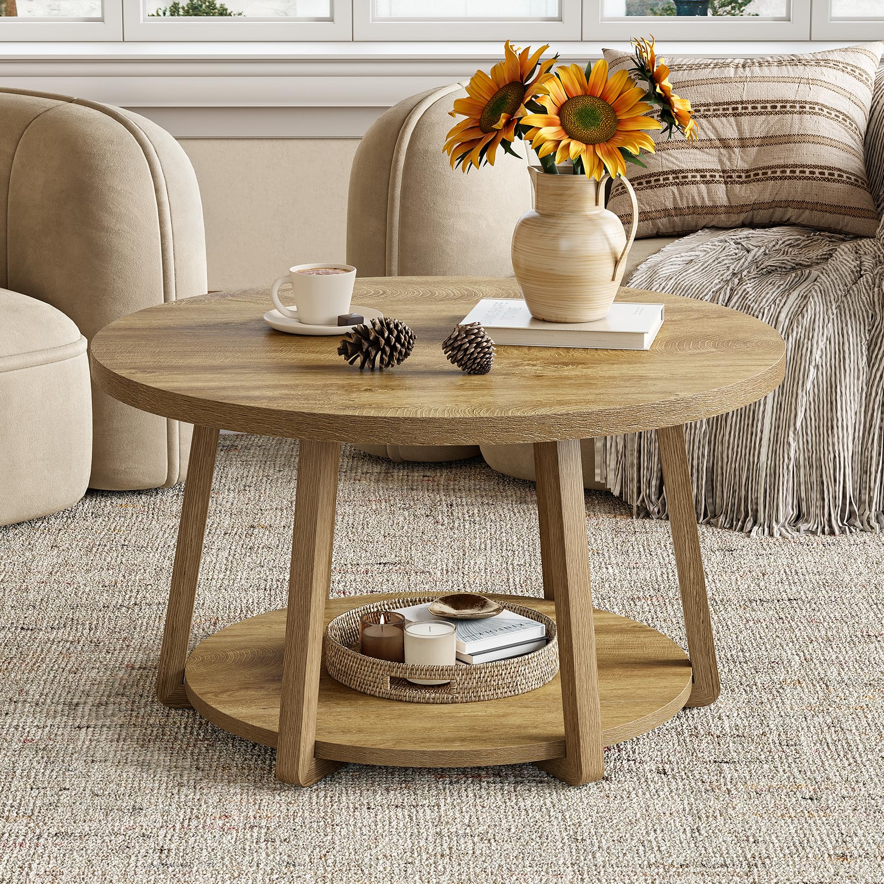 LITTLE TREE Round Coffee Table, 2-Tier Center Table with Storage, Wooden Legs, 31.5 Dia. x 19.6 H Inches, Easy Assembly, Circle Coffee Tables for Living Room, Bedroom