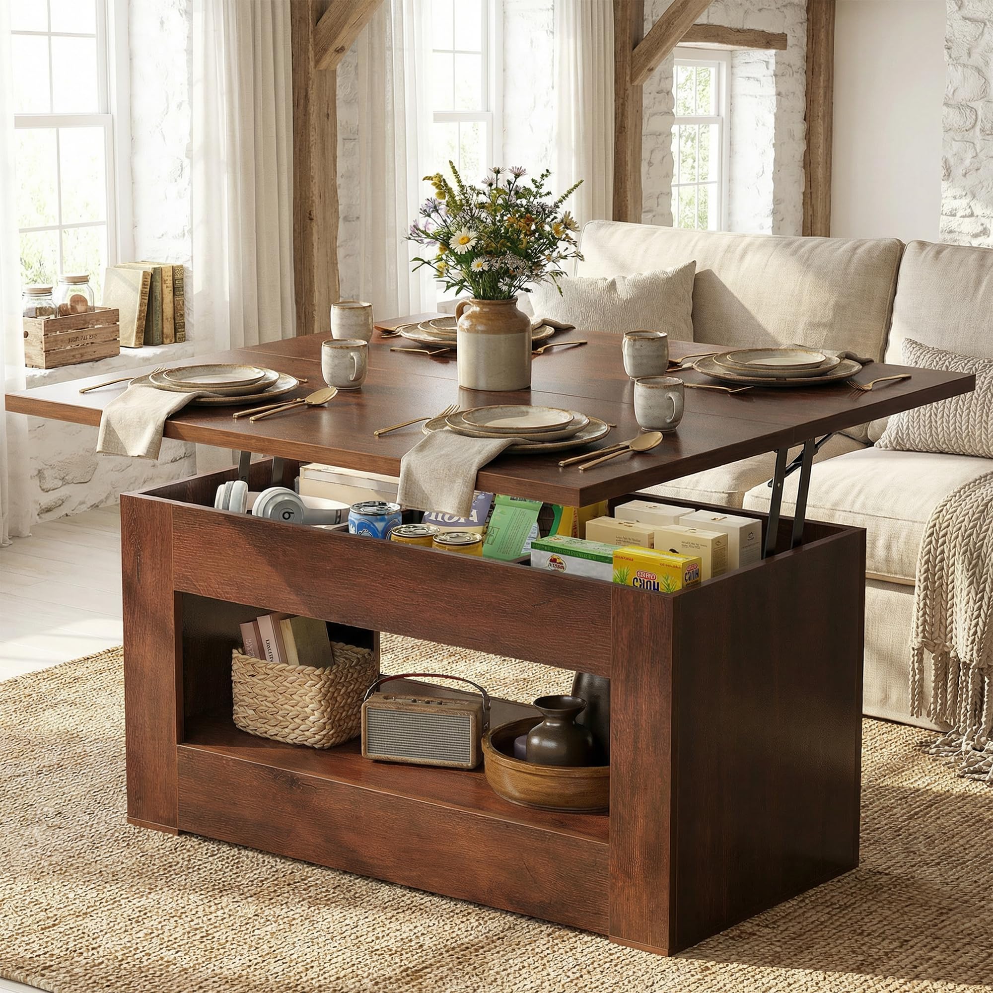 UNIQUITE 40" Lift Top Coffee Table, 4 in 1 Multi-Function Lift Coffee Tables with Storage and Hidden Compartment, Convertible Wood Coffee Tables to Dining Table for Living Room, Walnut
