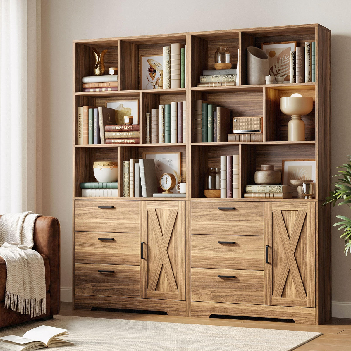 IRONCK Book Shelf 31.3 Inch Wide, Bookshelf with Doors and 3 Drawers, Brown