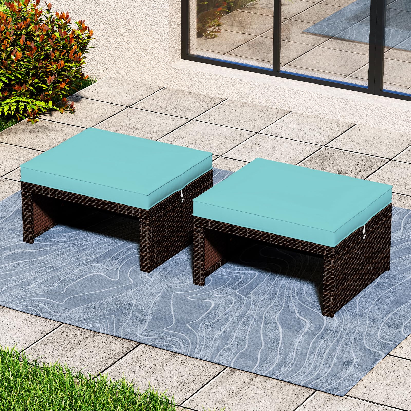 Wicker Outdoor Ottoman Set of 2 with Removable Cushions