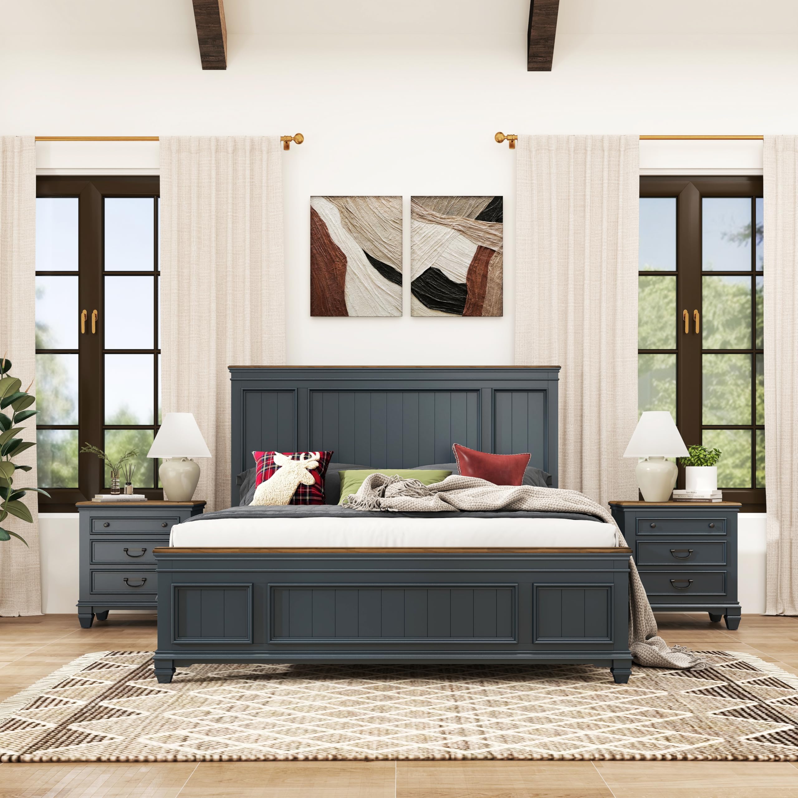 Roundhill Furniture Riverton Wood 3-Piece Bedroom Set, Shiplap Panel King Bed with 2 Nightstands in Slate Blue