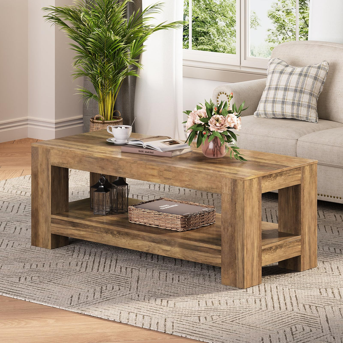 Tohomeor Wood Coffee Table for Living Room, 47.24 Inch Farmhouse Coffee Table with Storage, 2-Tier Accent Center Table with for Home Office Apartment, Retro Brown