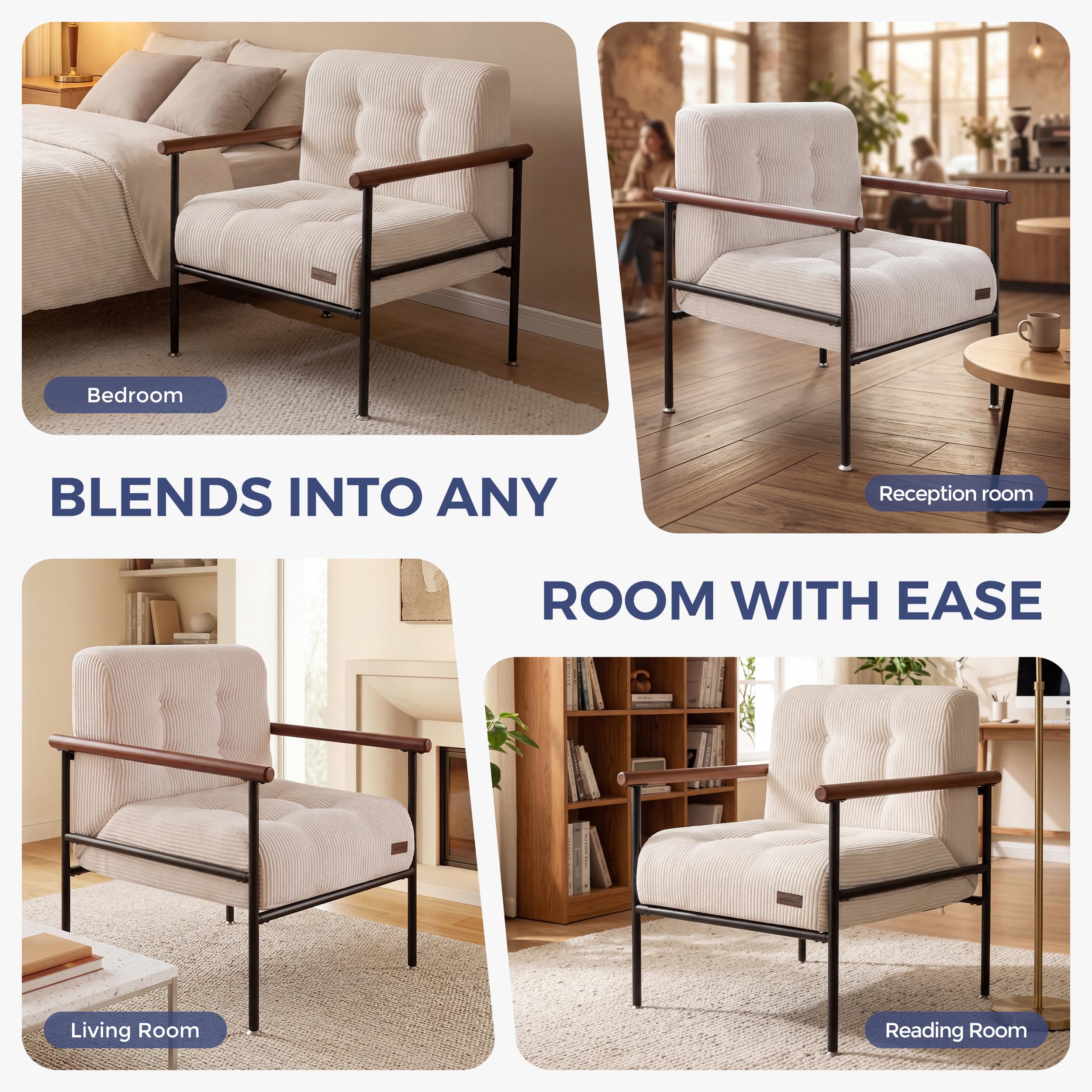 MAXYOYO Living Room Accent Chair, Modern Chair with Sturdy Metal Frame & Wood Armrests, Upholstered Reading Chair with Upholstered Cushion for Bedroom Balcony Porch, Beige