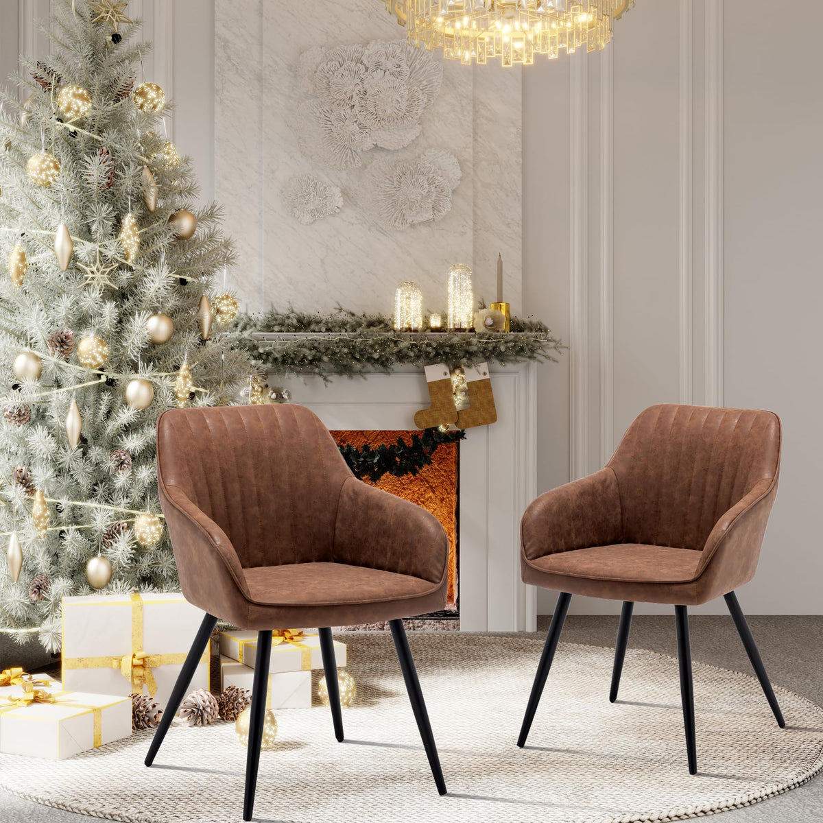 Faux Leather Accent Chair Set of 2 Upholstered Living Room Chairs Brown