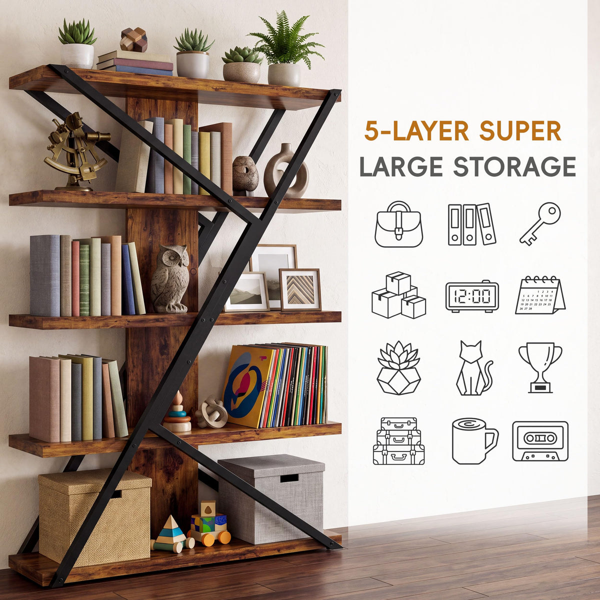 5-Tier Wood and Iron Bookshelf
