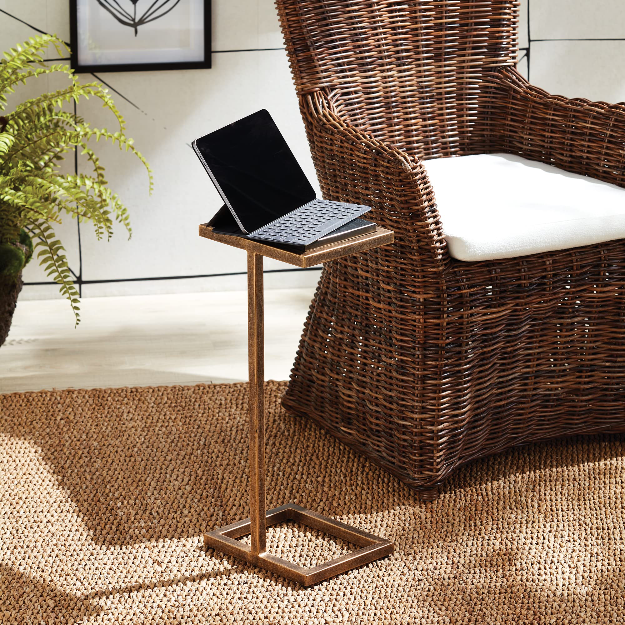 MY SWANKY HOME Petite Minimalist Bronze Black Accent Table Cantilever Pull Up Marble Metal Gold