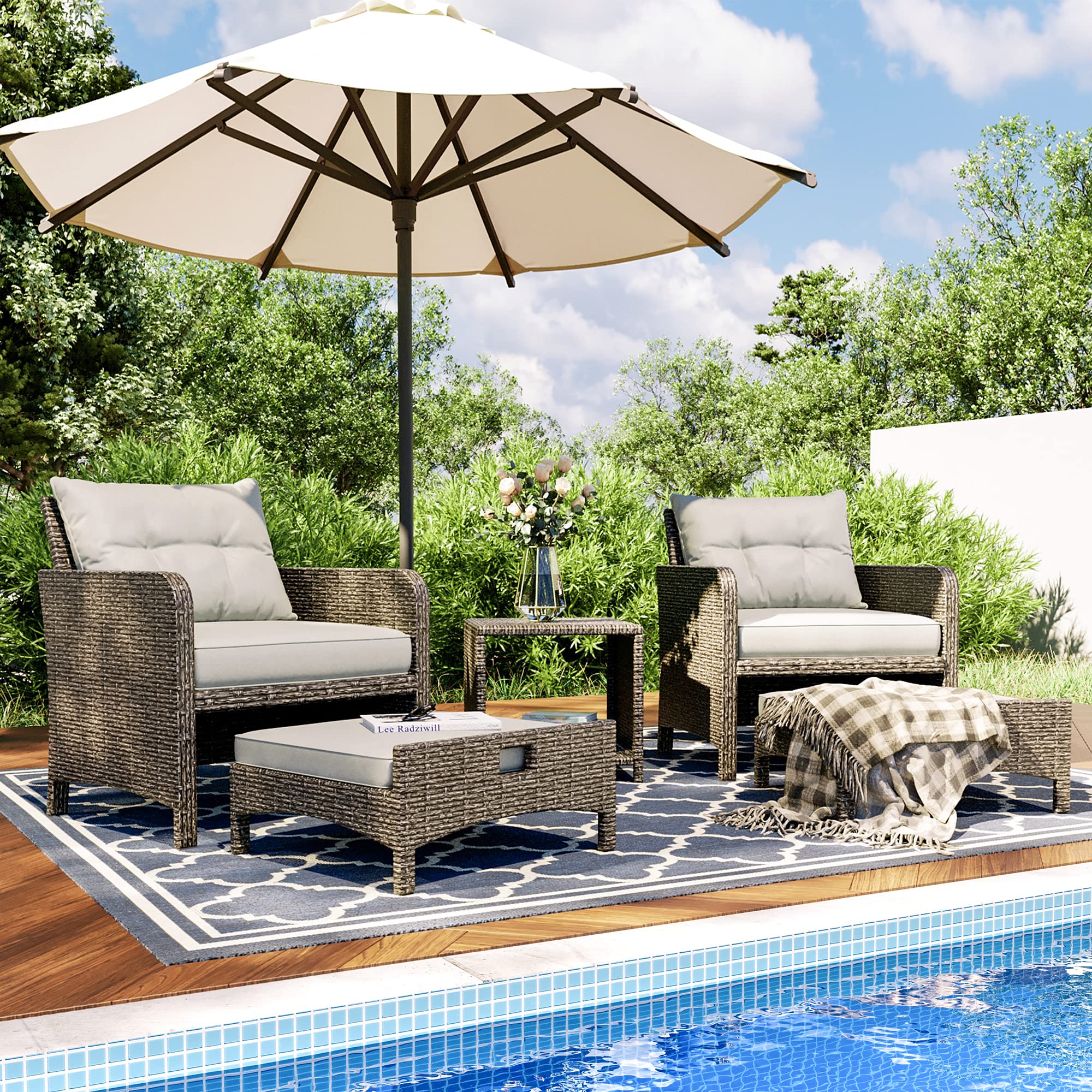 Wicker Patio Conversation Set with Ottomans & Coffee Table