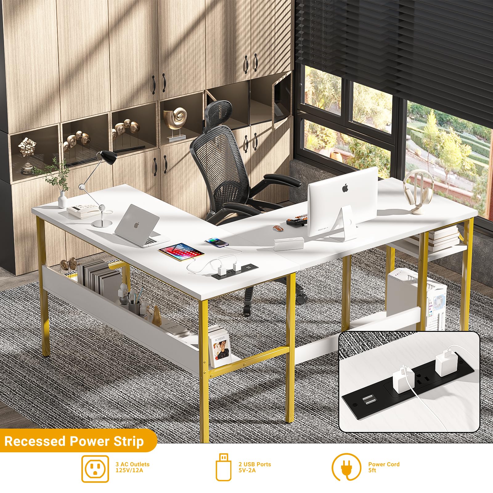 L-Shaped Desk with Power Outlets & USB Ports