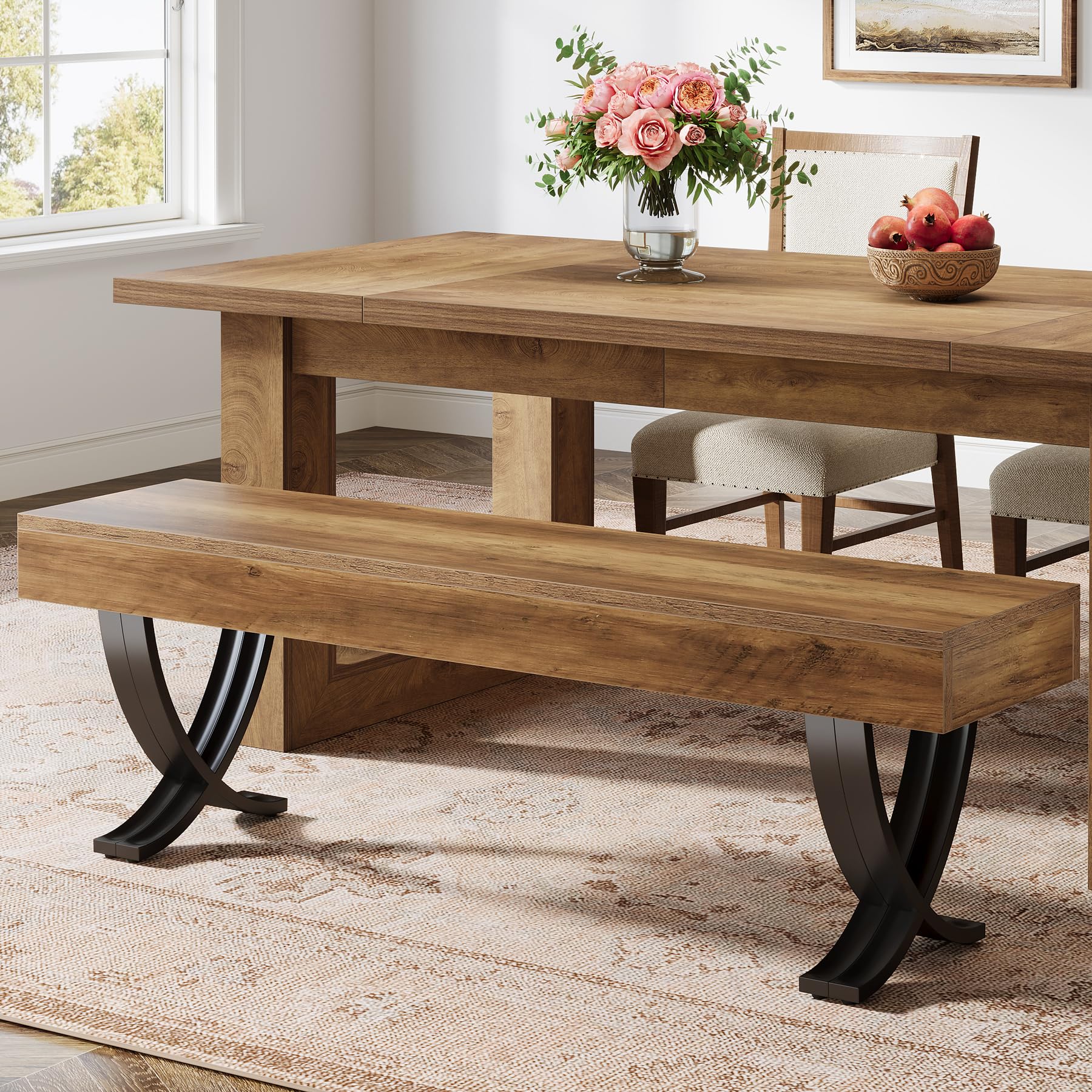 55-Inch Farmhouse Dining Bench with Metal X-Shaped Legs