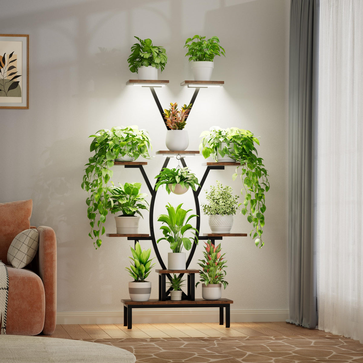 JUSTOGO Plant Stand Indoor with Grow Lights - 9 Tiered Tall Plant Shelf