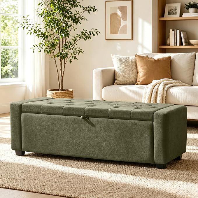 Tufted Linen Storage Bench