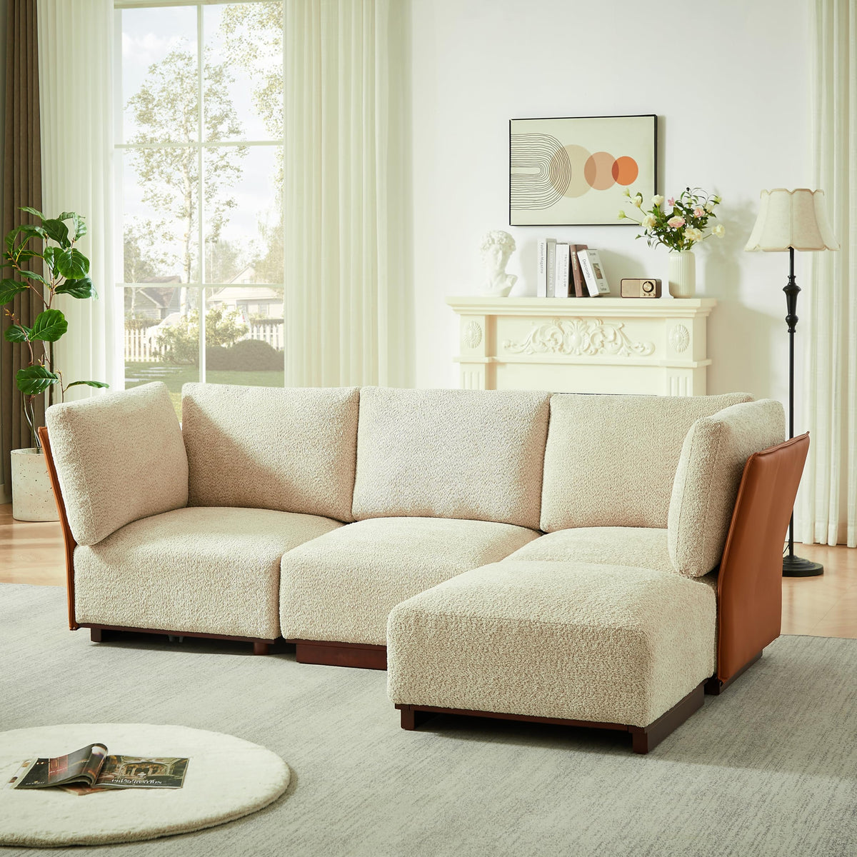 Christopher Knight Home Macy Modern L-Shaped Modular Couch with Ottoman, Modular Sectional Sofa with Wooden Frame for 4, Boucle Fabric Lounge Sofa Couch for Living Room Home Office, Sesame