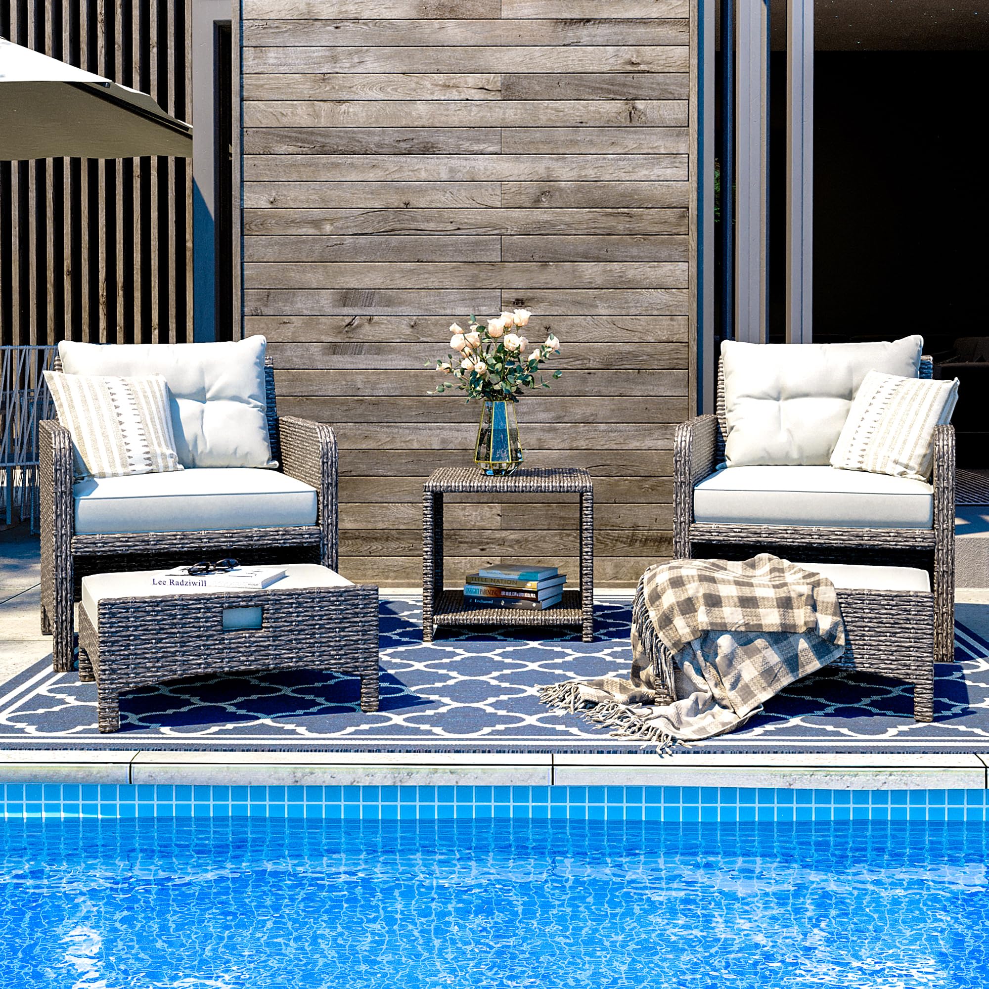 Wicker Patio Conversation Set with Ottomans & Coffee Table