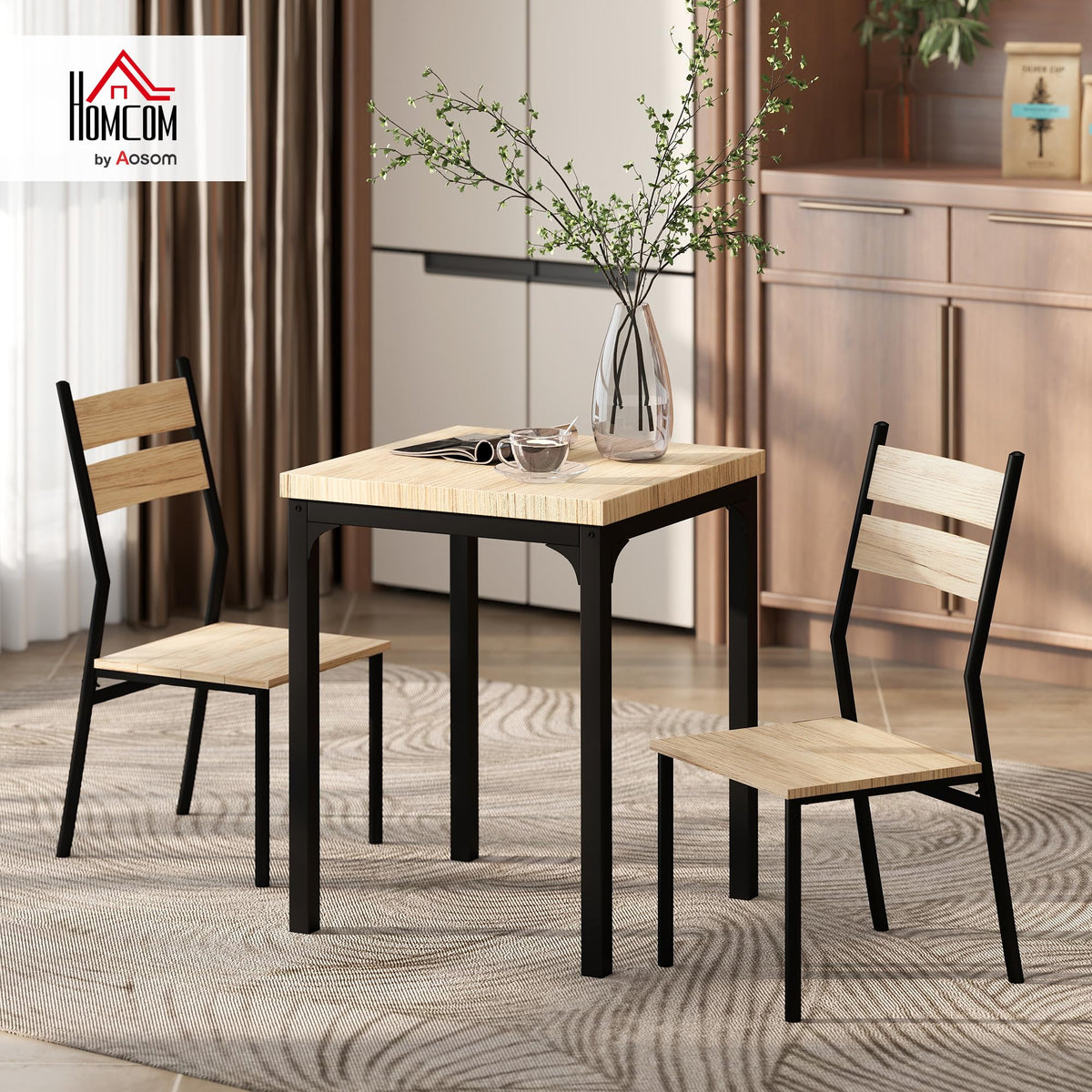 HOMCOM Dining Table Set for 2, Dining Room Set, 3 Piece, Light Wood Grain