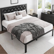 HISOFT Queen Bed Frame with Upholstered Button Tufted Headboard, Bed Frame Platform Metal Slats Support, Under Bed Storage, No Box Spring Needed, Noise-Free, Easy Assembly, Black