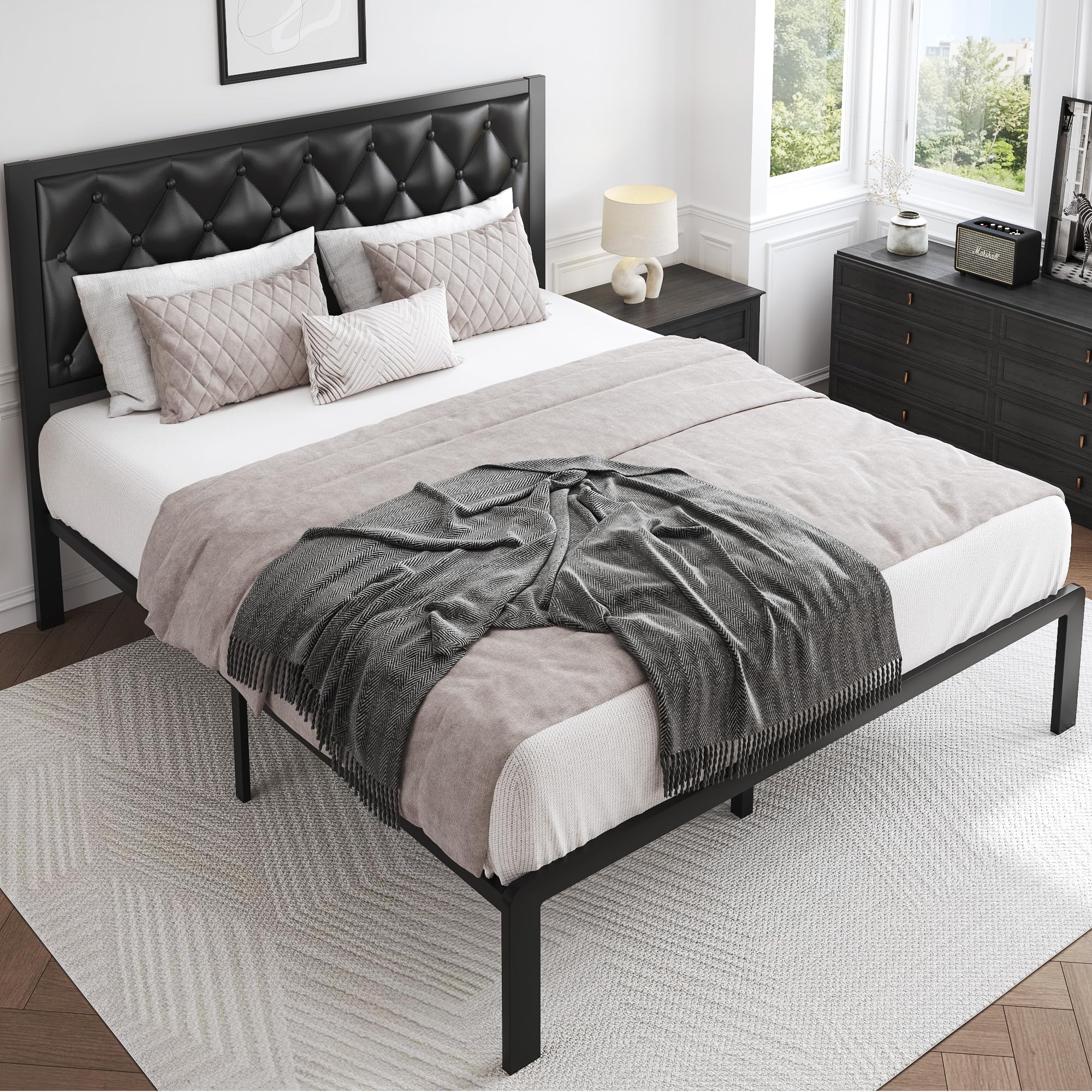 HISOFT Queen Bed Frame with Upholstered Button Tufted Headboard, Bed Frame Platform Metal Slats Support, Under Bed Storage, No Box Spring Needed, Noise-Free, Easy Assembly, Black