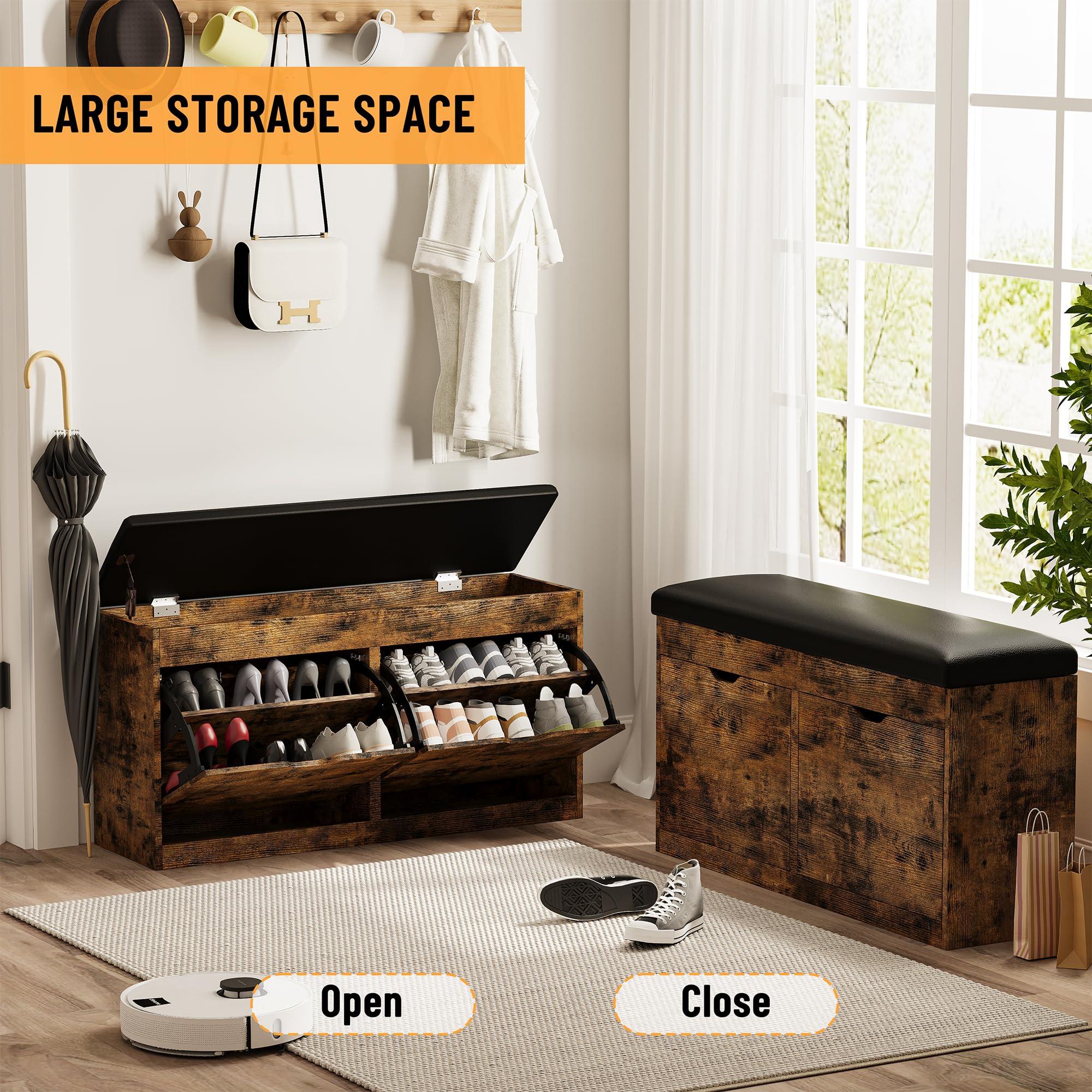 Entryway Shoe Storage Bench with Flip Drawers & Padded Seat