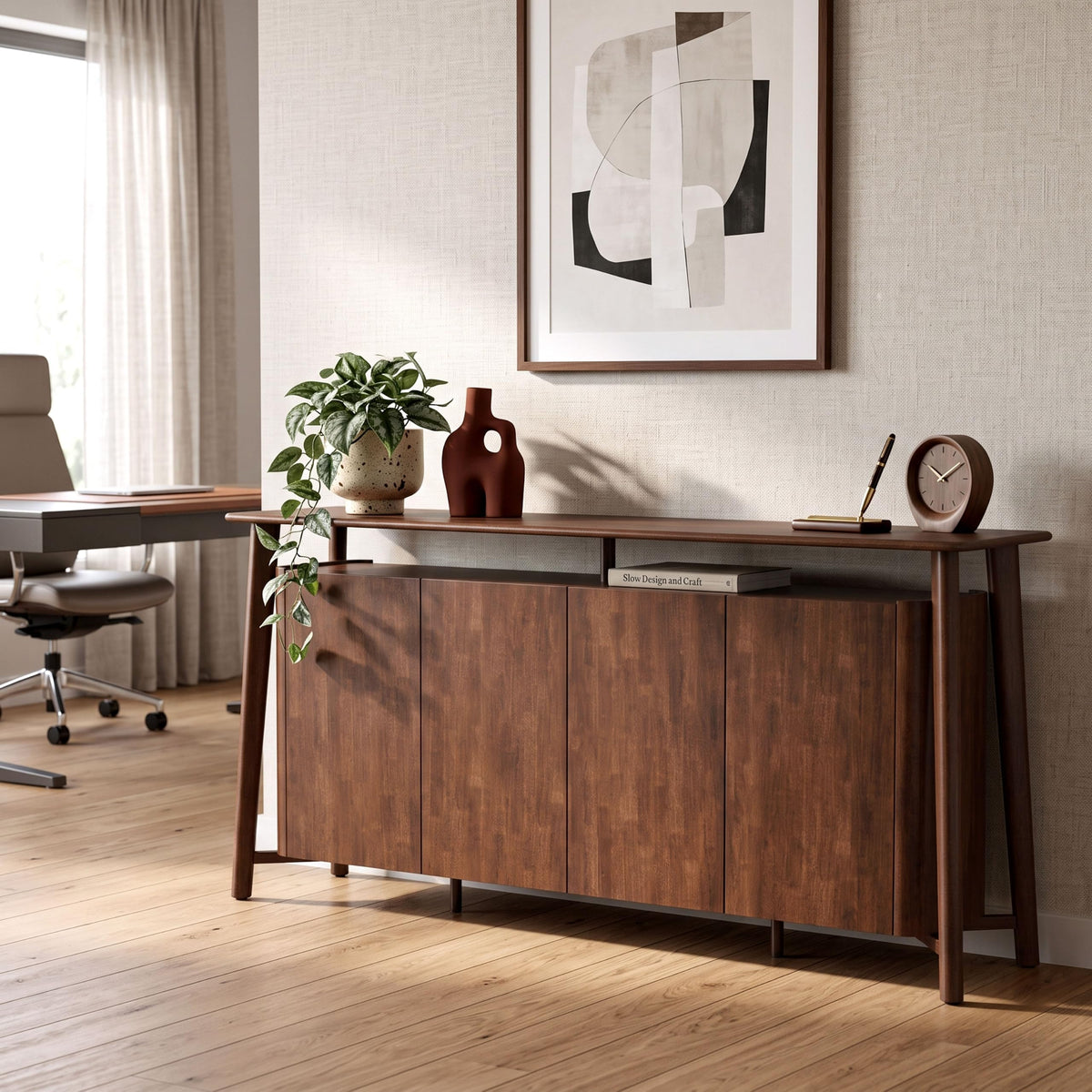 Furniture of America Nazaen IV Mid-Century Modern Solid Wood 82.5-inch Sideboard Buffet Cabinet with Hidden Drawers, Credenzas for Living Room, Dining Room, Office, Rich Walnut