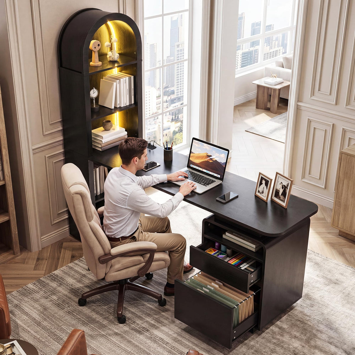 LED Computer Desk with Bookshelf