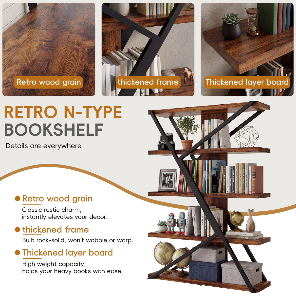 5-Tier Wood and Iron Bookshelf