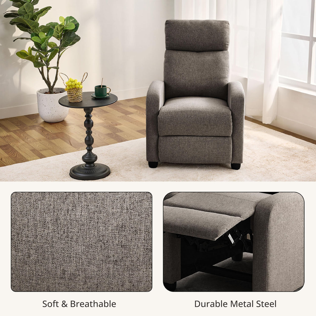 Gray Linen Push-Back Recliner