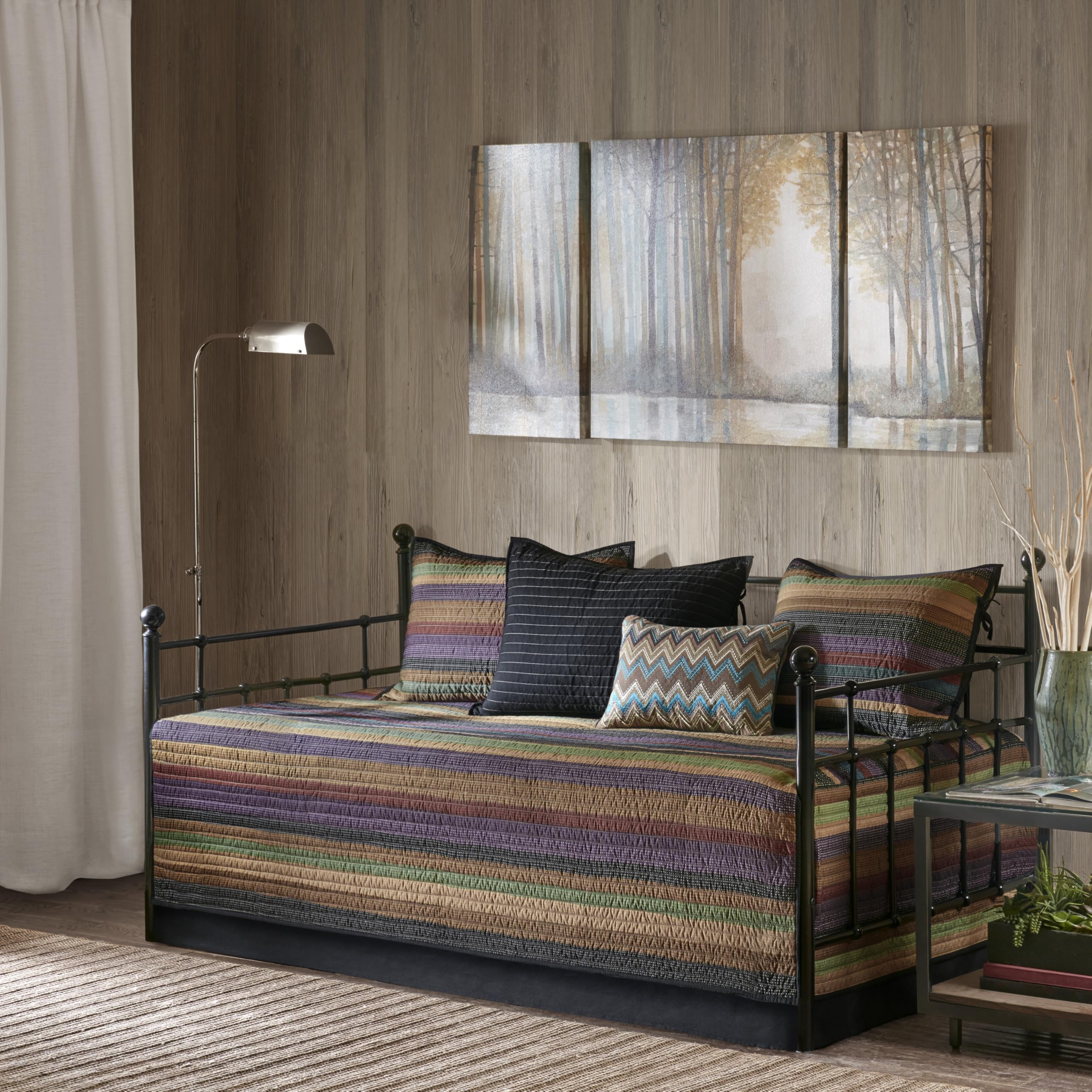 Madison Park Daybed Cover Double Sided Quilting Casual Design All Season Bedding Set with Bedskirt, Matching Shams, Decorative Pillow, 75 in x 39 in, Yosemite, Purple Teal