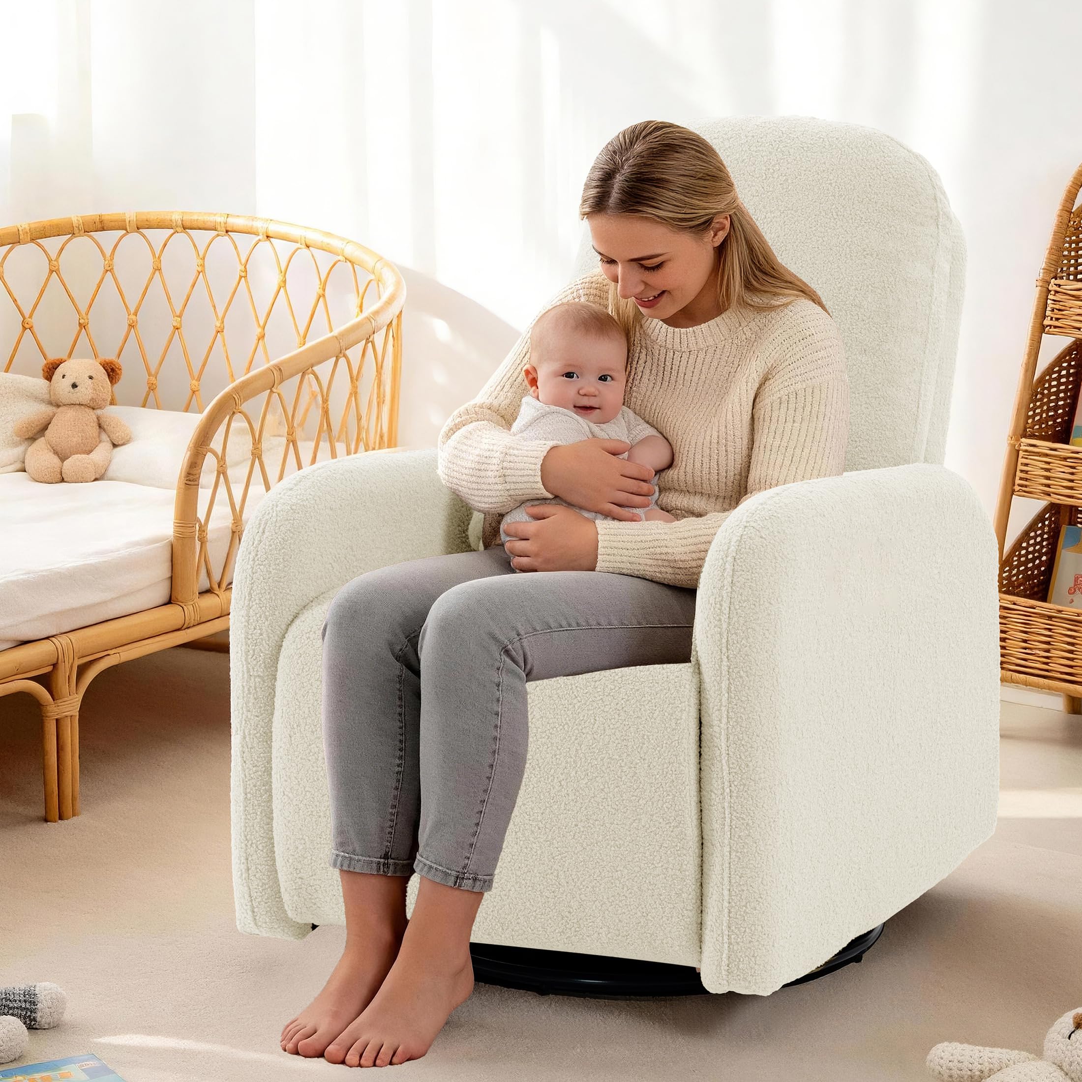 Culect 270 Swivel Rocker Recliner Chair, Ladies Electric Power Recliner for Small Spaces, Nursery and Apartment, Beige Plush