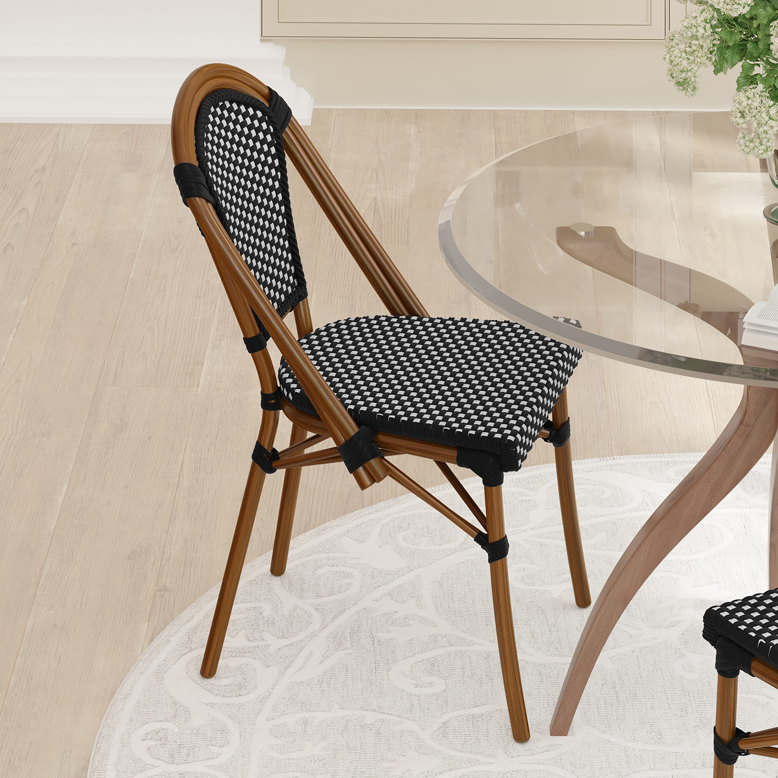 French Bistro Chairs with PE Rattan Seat & Back, Bamboo Finish Frame, Set of 2