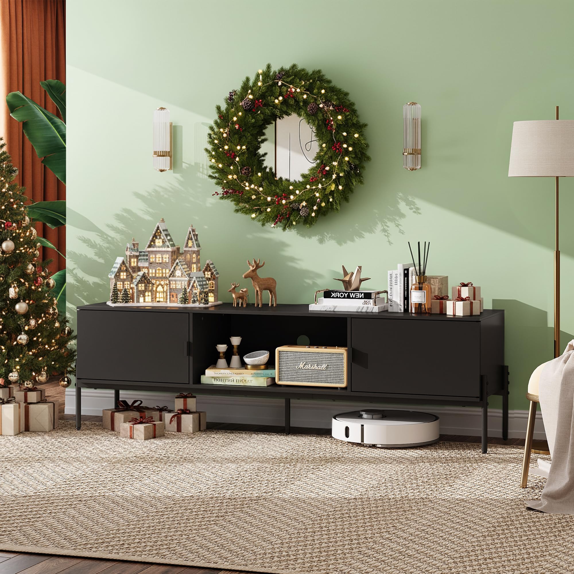 WLIVE 58" TV Stand for 65 Inch TVs, Mid Century Modern Entertainment Center with 2 Storage Cabinets & Open Shelf, Media Console Table with Metal Legs for Living Room, Bedroom, Black