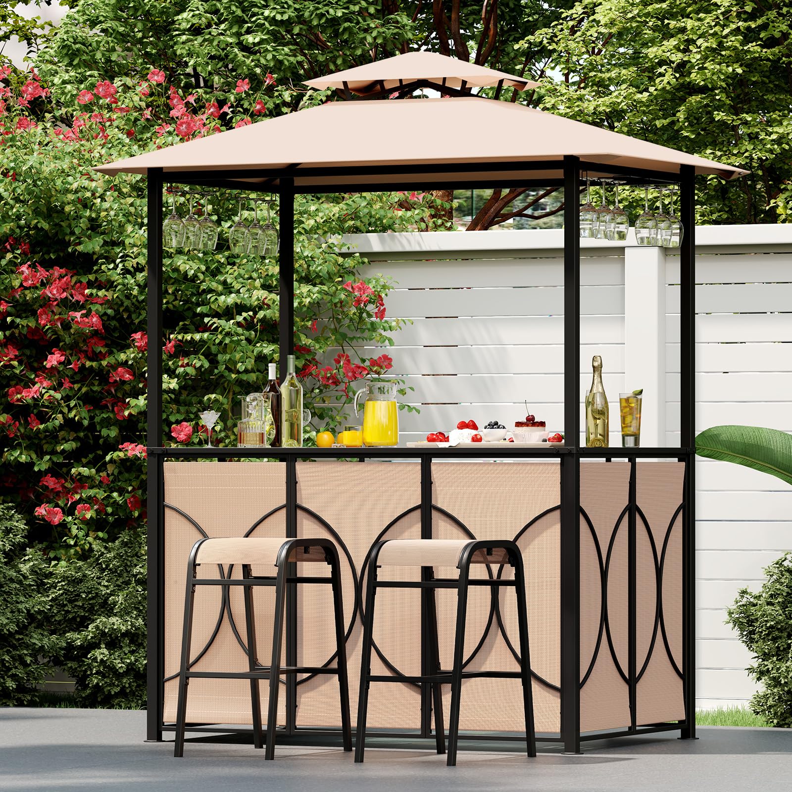 Tangkula 3-Piece Patio Bar Set, Grill Gazebo & 2 Bar Stools with Tempered Glass Bar Table, Metal Storage Shelves, Glass Holders, Double-Tier Soft Top Canopy BBQ Gazebo Shelter for Patio Garden (Brown)