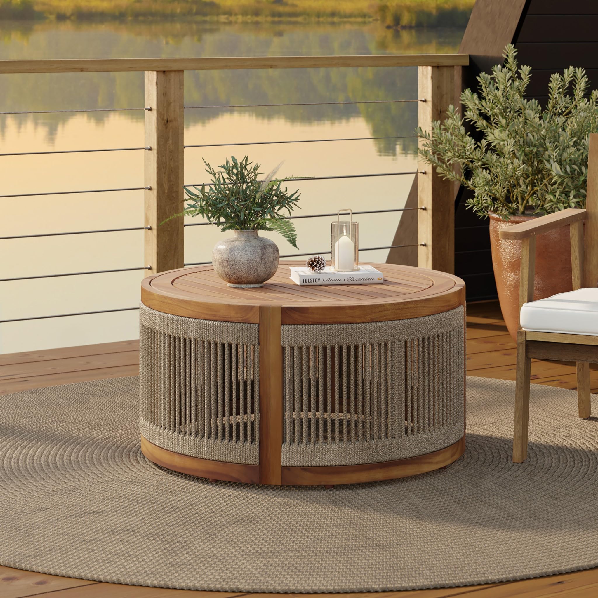 Round Acacia Wood & Rope Outdoor Coffee Table