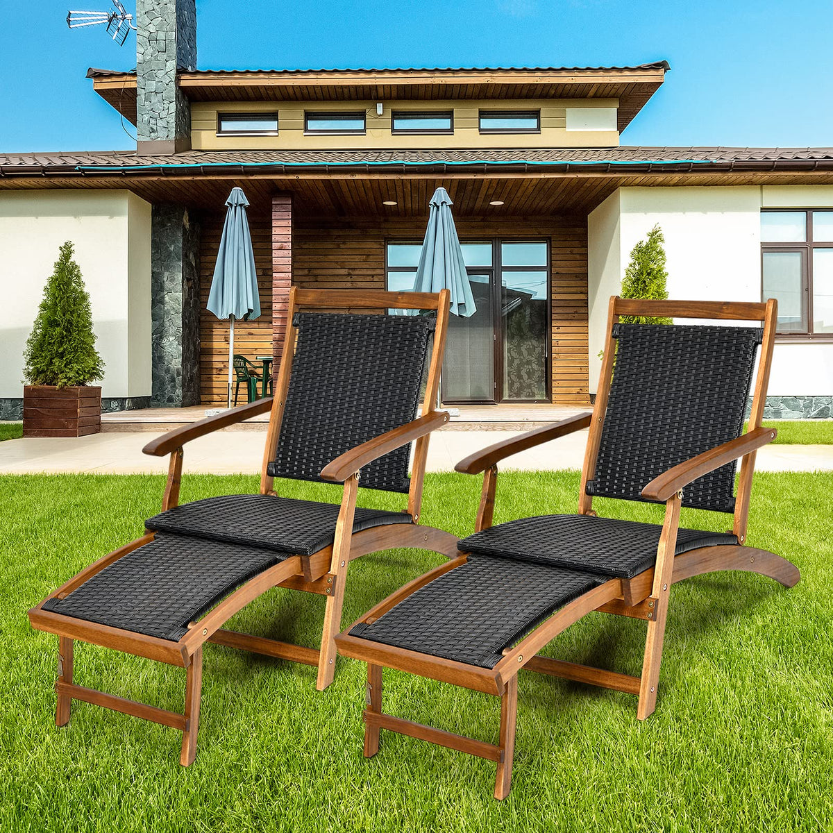 Tangkula Set of 2 Outdoor Reclining Lounger Chairs, 5 Back & 2 Leg Positions Patio Adjustable Chaise Lounge, Suitable for Lawn, Poolside, Garden Yard and Beach