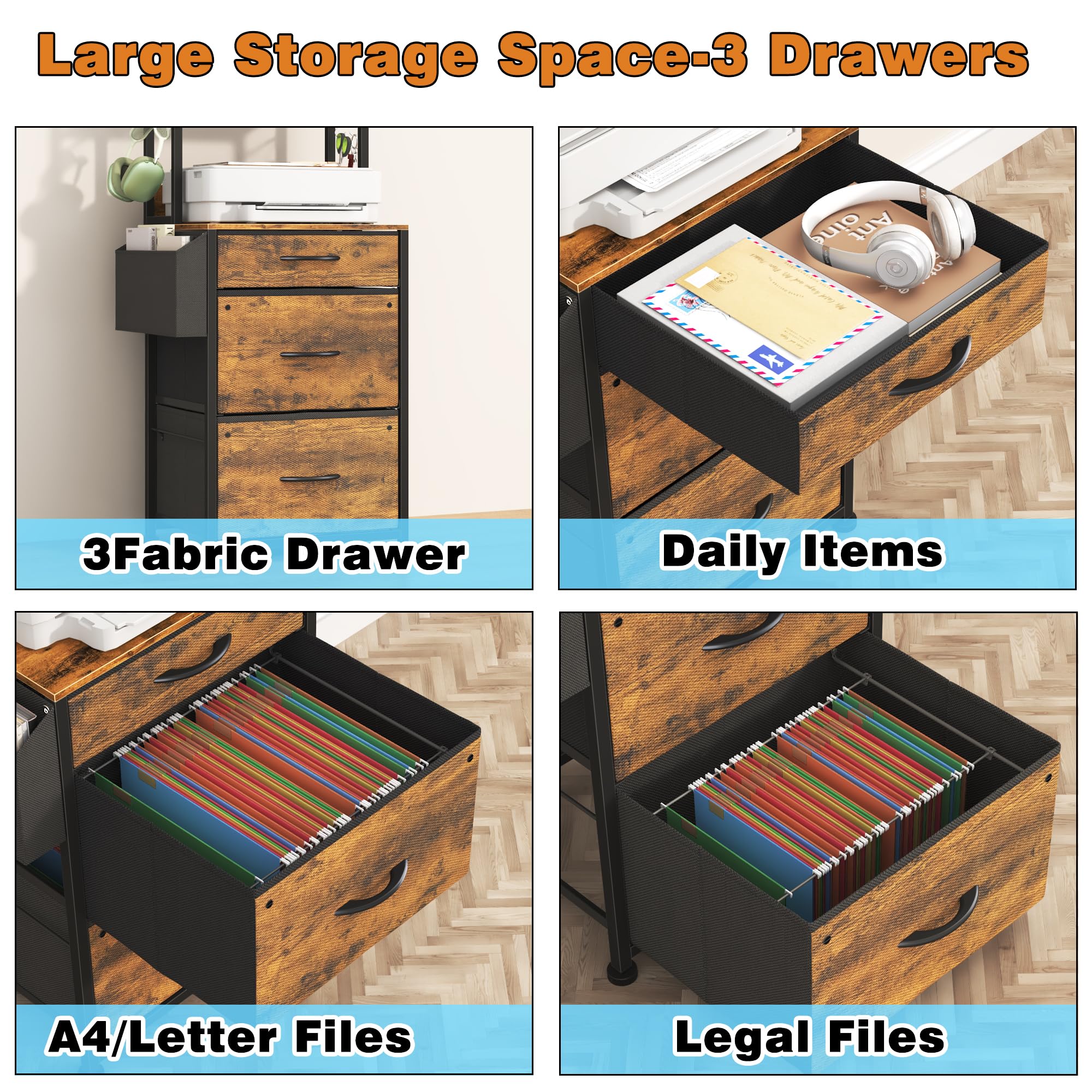 3-Drawer File Cabinet with Charging Station & 4-Tier Bookshelf