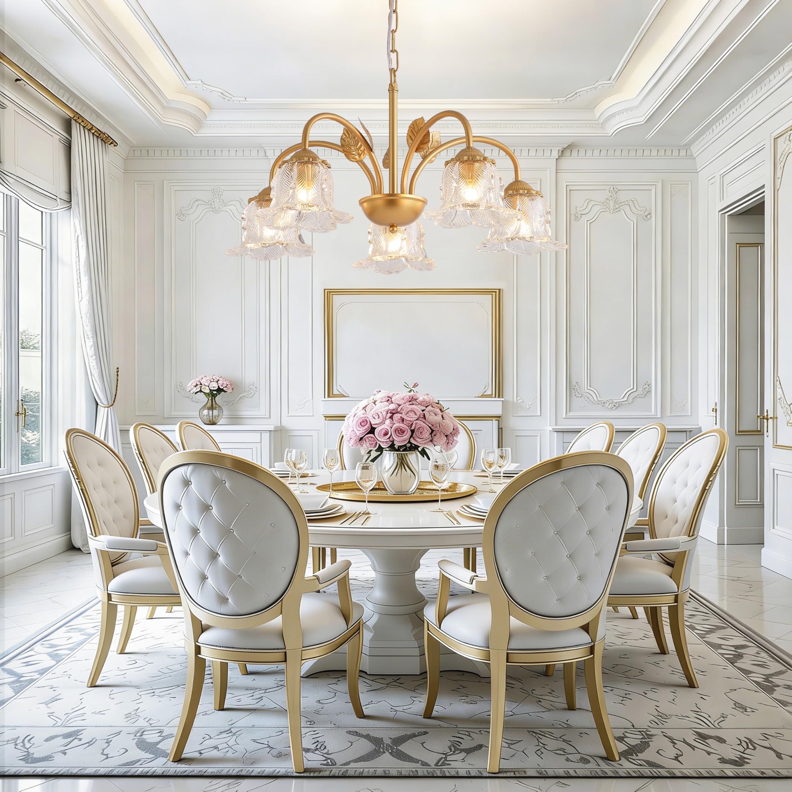 NZZDYI 5-Light Vintage Chandeliers for Dining Room 25" Modern Gold Glass Chandelier Rustic Adjustable Pendant Light Fixture for Kitchen sland Living Room Bedroom