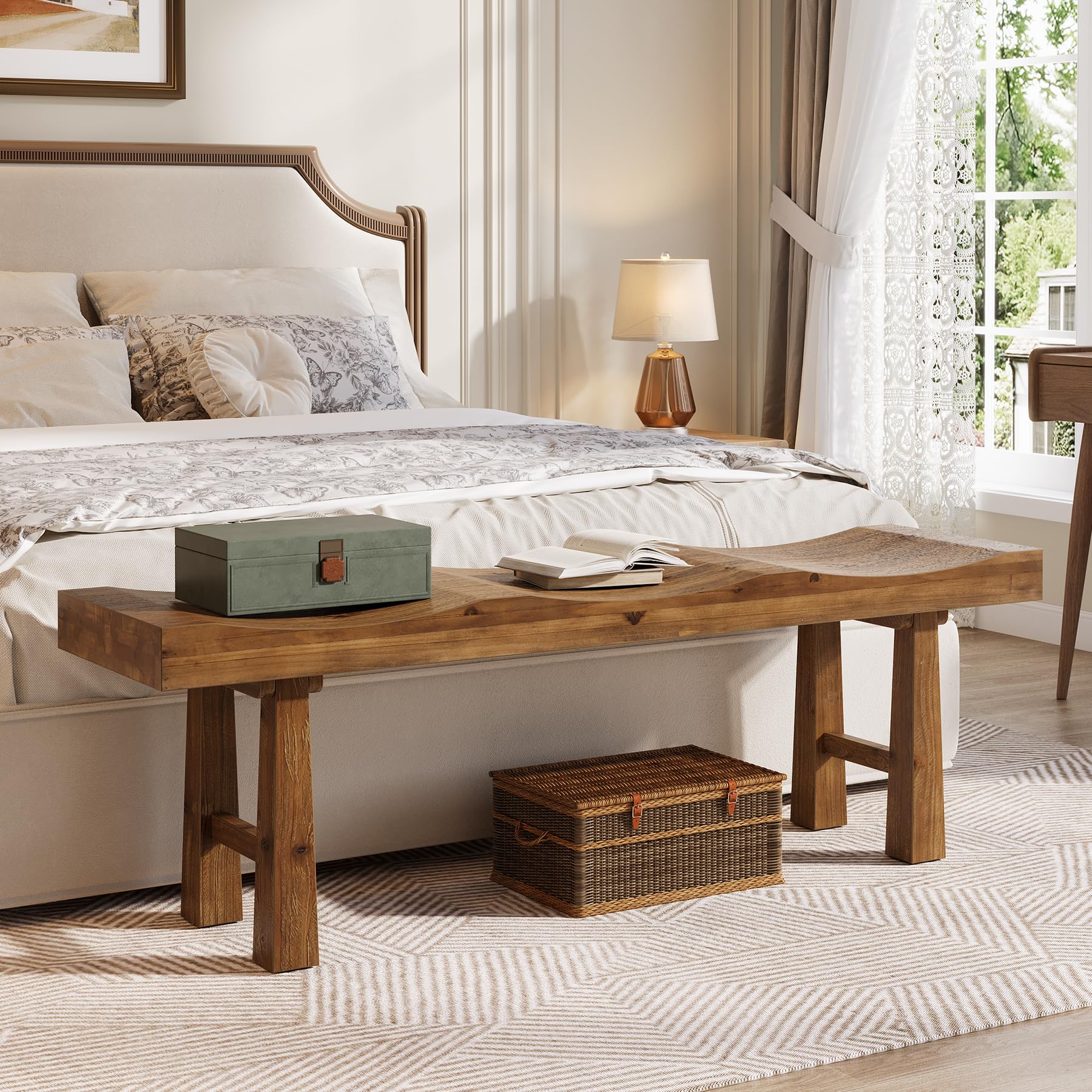 Solid Wood Entryway Bench with Wave-Top Design, 55"