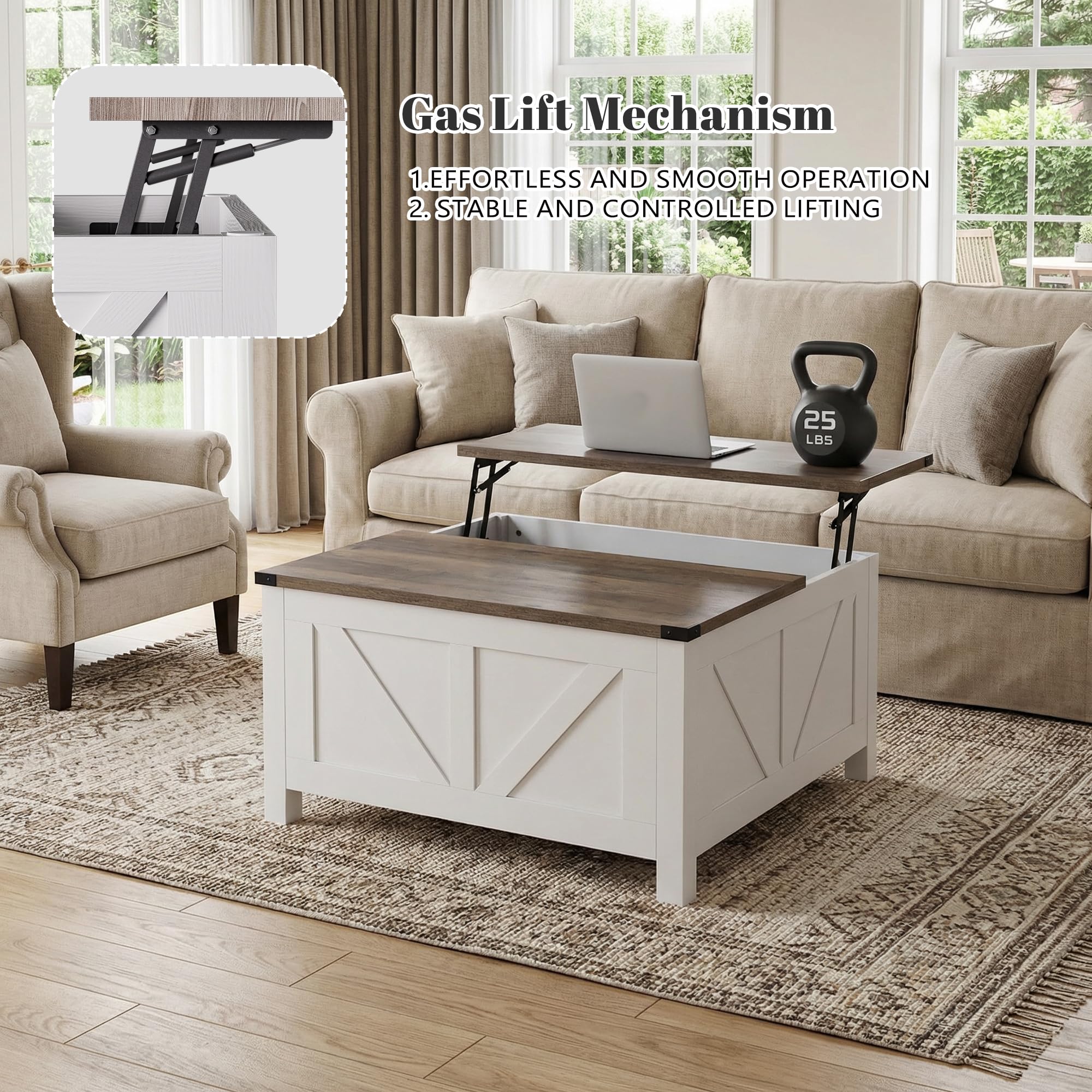 QUYZE 35” Farmhouse Coffee Table with Large Storage, Rustic Wood Lift Top Coffee Table for Living Room, Square Center Table with Charging Station&USB, Modern Port Pottery Barn Lift top Table