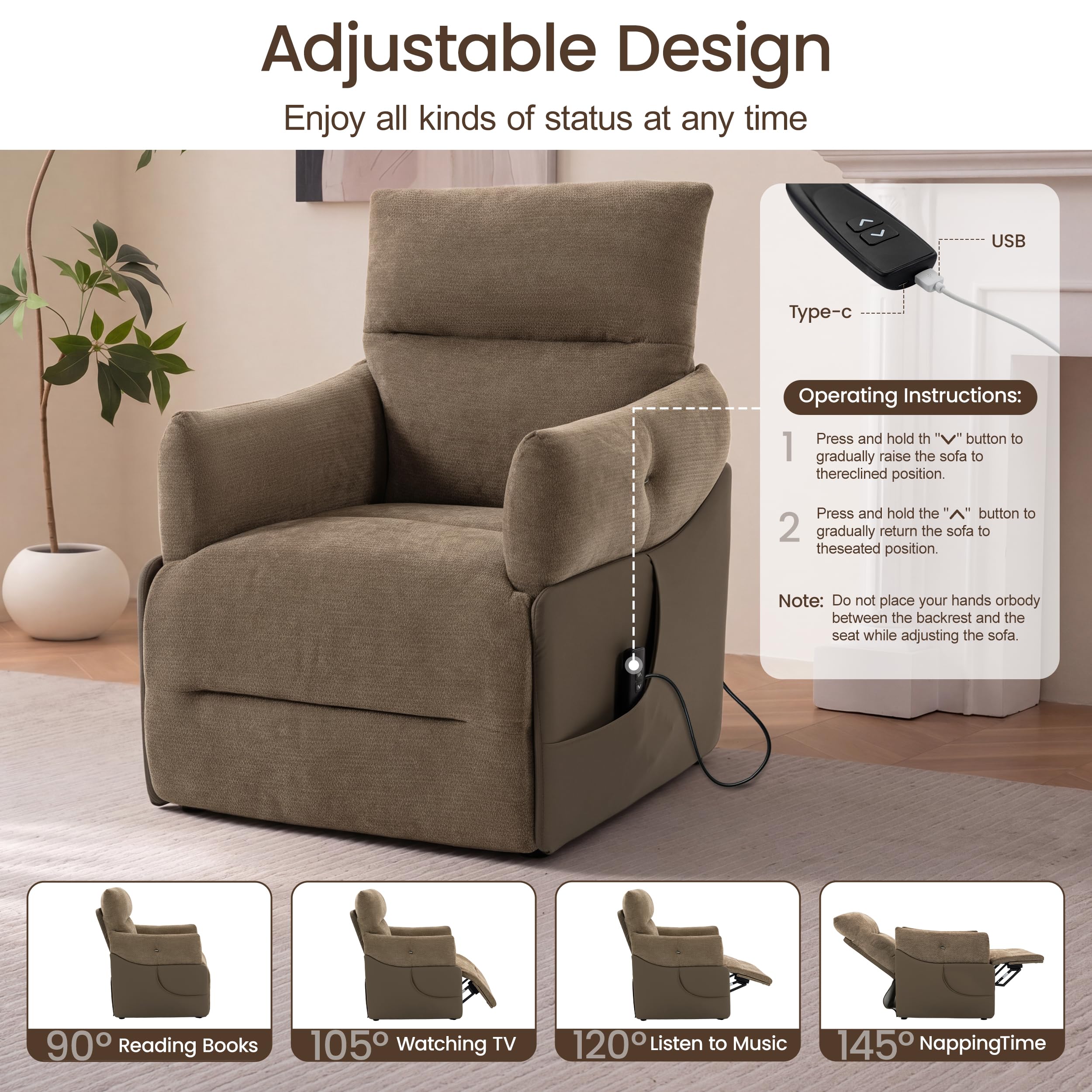 FiveWillowise Power Recliner Chair,90°-145°Recline Chair with Remote,Side Pocket,Soft Armrest&Headrest,Wide Seat,Sturdy Footrest for Living Room,Bedroom,Brown Chenille with Brown Faux Leather Side