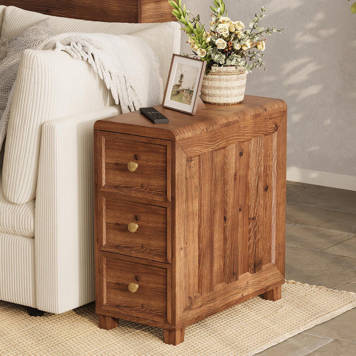 LINSY HOME Solid Wood End Table, 3-Drawer Rustic Nightstand, Light Brown