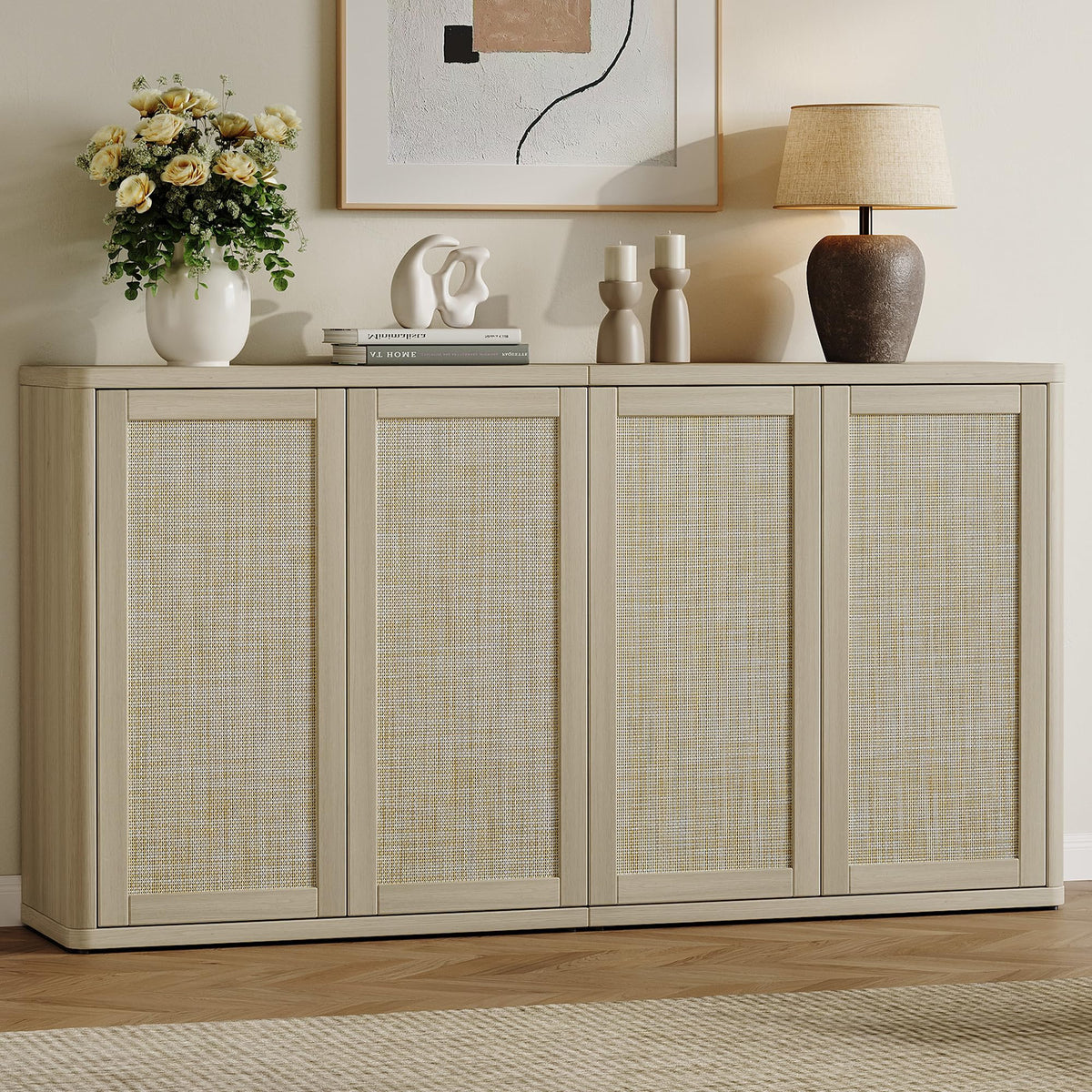 SICOTAS Rattan Buffet Sideboard Storage Cabinet - 64" Modular Boho Farmhouse Credenza Stand with Adjustable Shelves, Large Coffee Bar Console Cabinet for Living Room, Kitchen, Entryway (2 PCS)