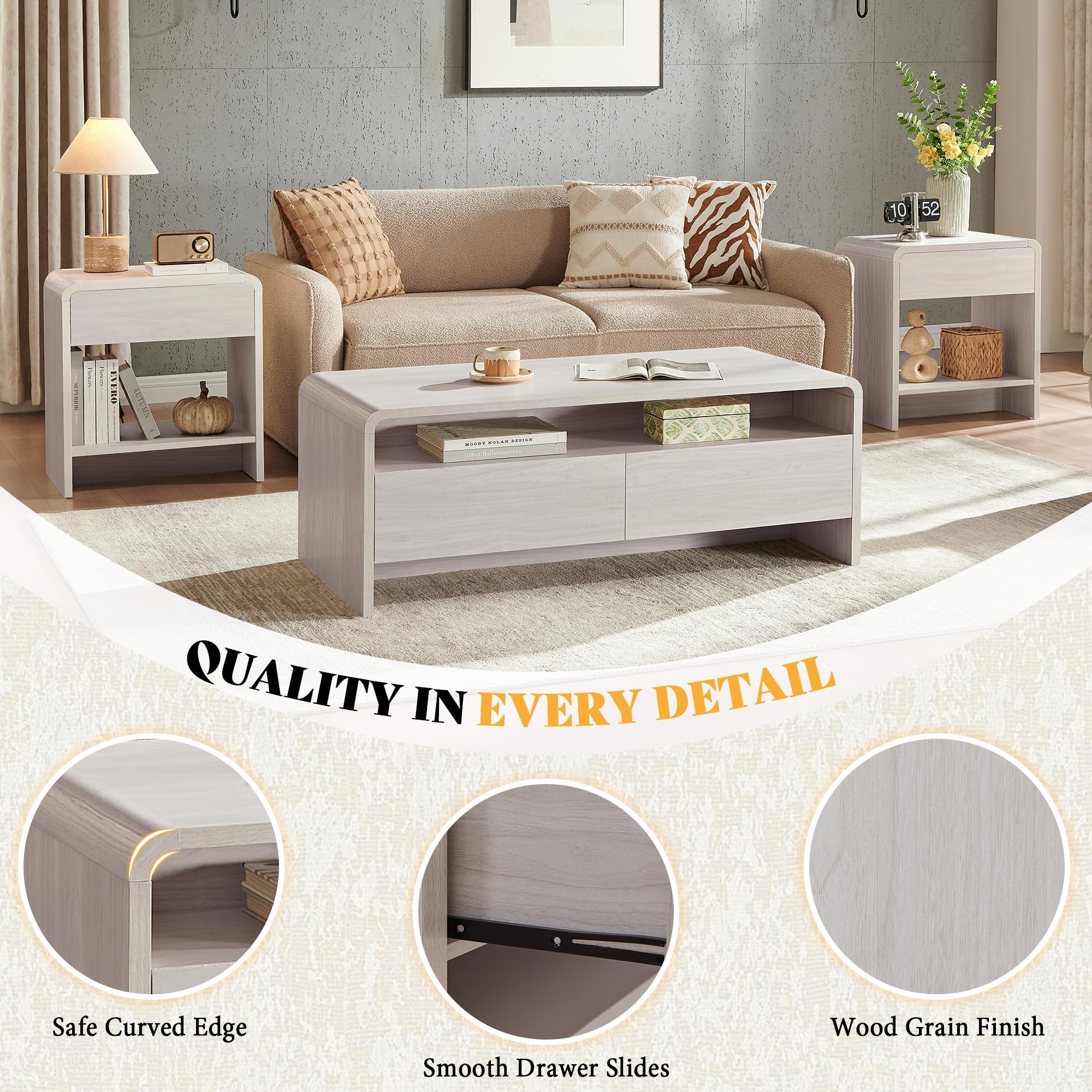 3-Piece Coffee & End Table Set with Storage