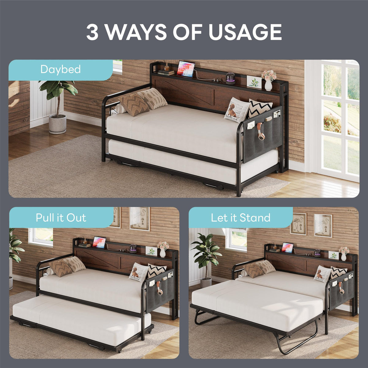 LIKIMIO Twin Daybed with Pop Up Trundle & Charging Station & Storage Shelf