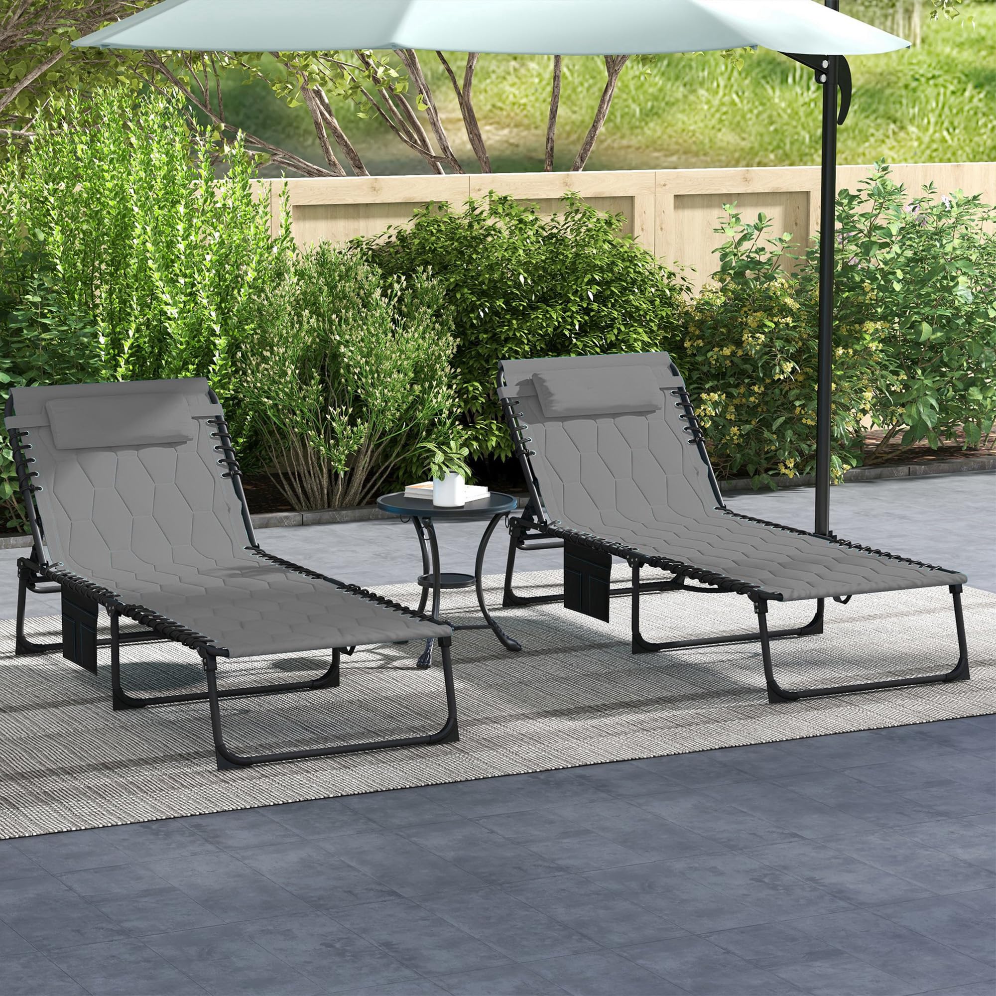 Folding Chaise Lounge Chair Set of 2, 5-Level Reclining with Headrest & Side Pocket