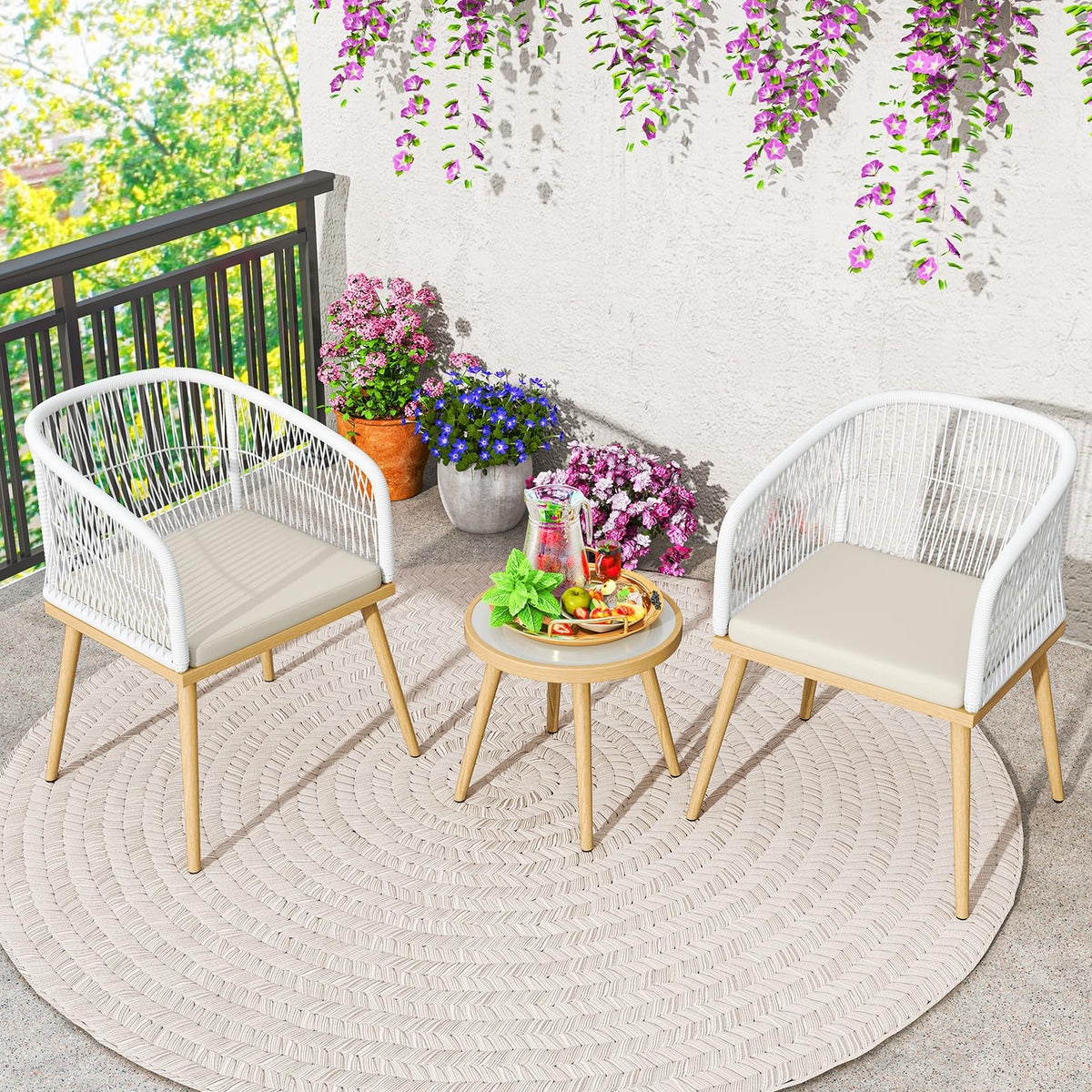 Tangkula 3 Pieces Patio Bistro Set, Outdoor PE Wicker Conversation Furniture Set with Cushions, Tempered Glass Coffee Table and Galvanized Metal Frame, Outdoor Rattan Chair Set for Porch, Balcony