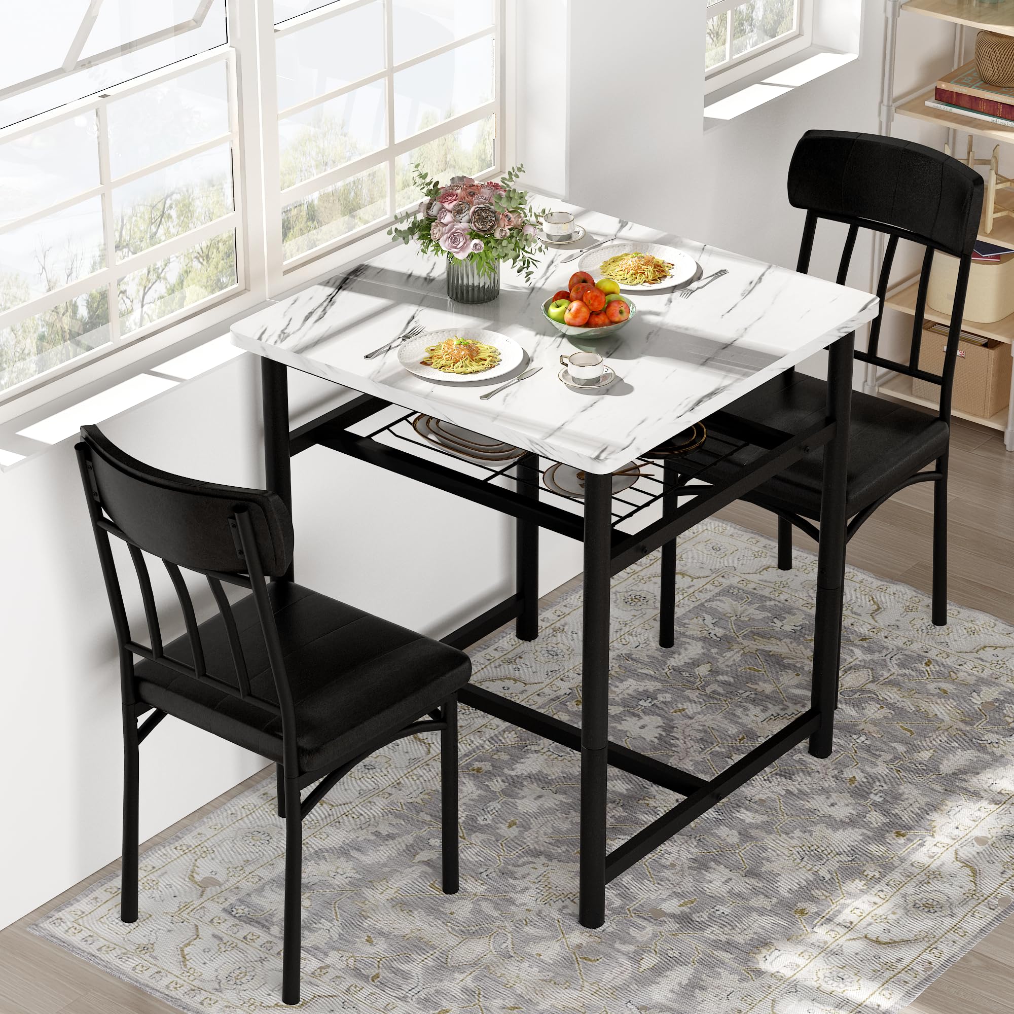 AWQM Square Dining Table Set for 2, Faux Marble Compact Bistro Table with Upholstered Chairs, Space Saving Kitchen Breakfast Nook, Built-in Storage Rack 3-Piece Modern Dining Set for Kitchen & Dining