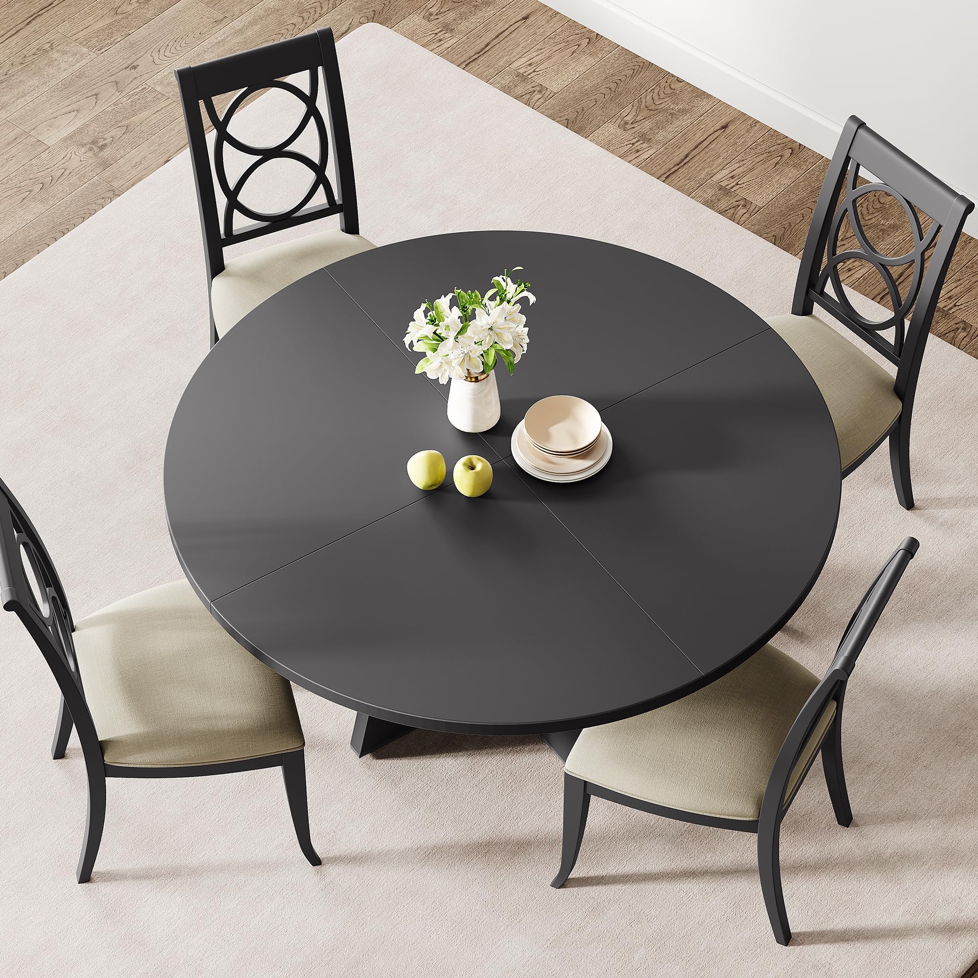 GarveeHome 47 in Round Large Dining Table Set for 4 to 6, Farmhouse Dinner Table with Wooden Top and Legs for Home Dining Room or Living Room - Grey(No Chairs)