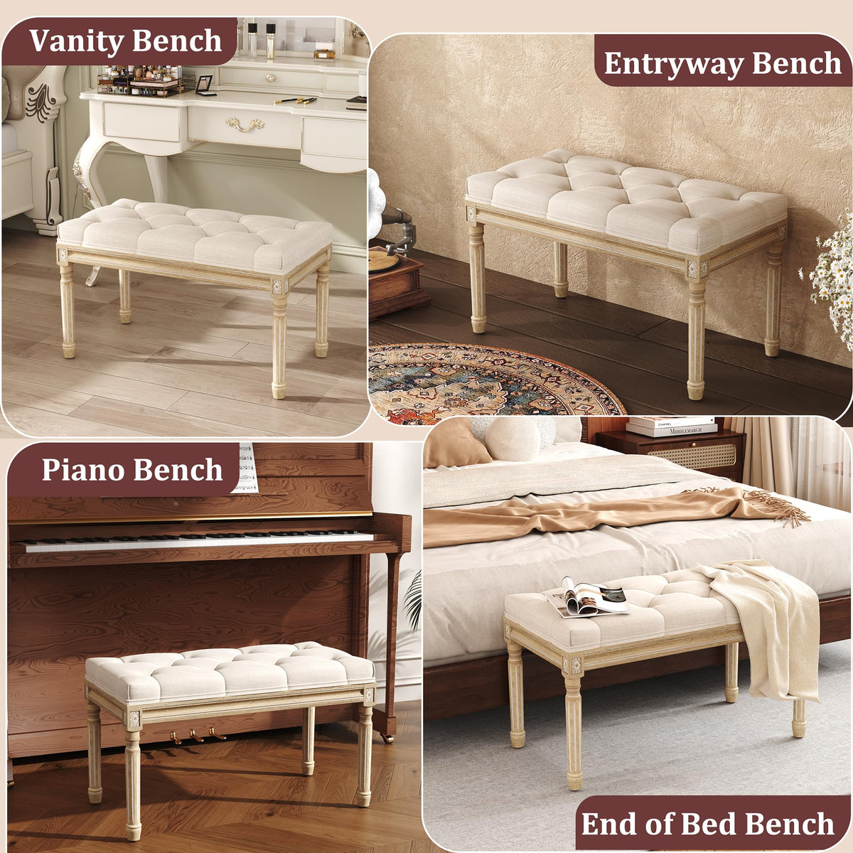 Beige Tufted Upholstered Bench