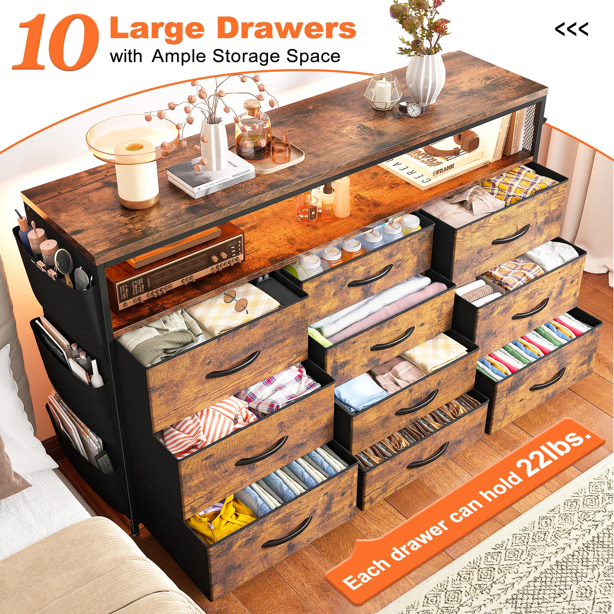 EnHomee Dresser for Bedroom with 10 Drawers, 55" TV Stands with LED Lights & Power Outlets, Dressers with Shelves & Side Pockets, Hooks for Hallway,Rustic Brown