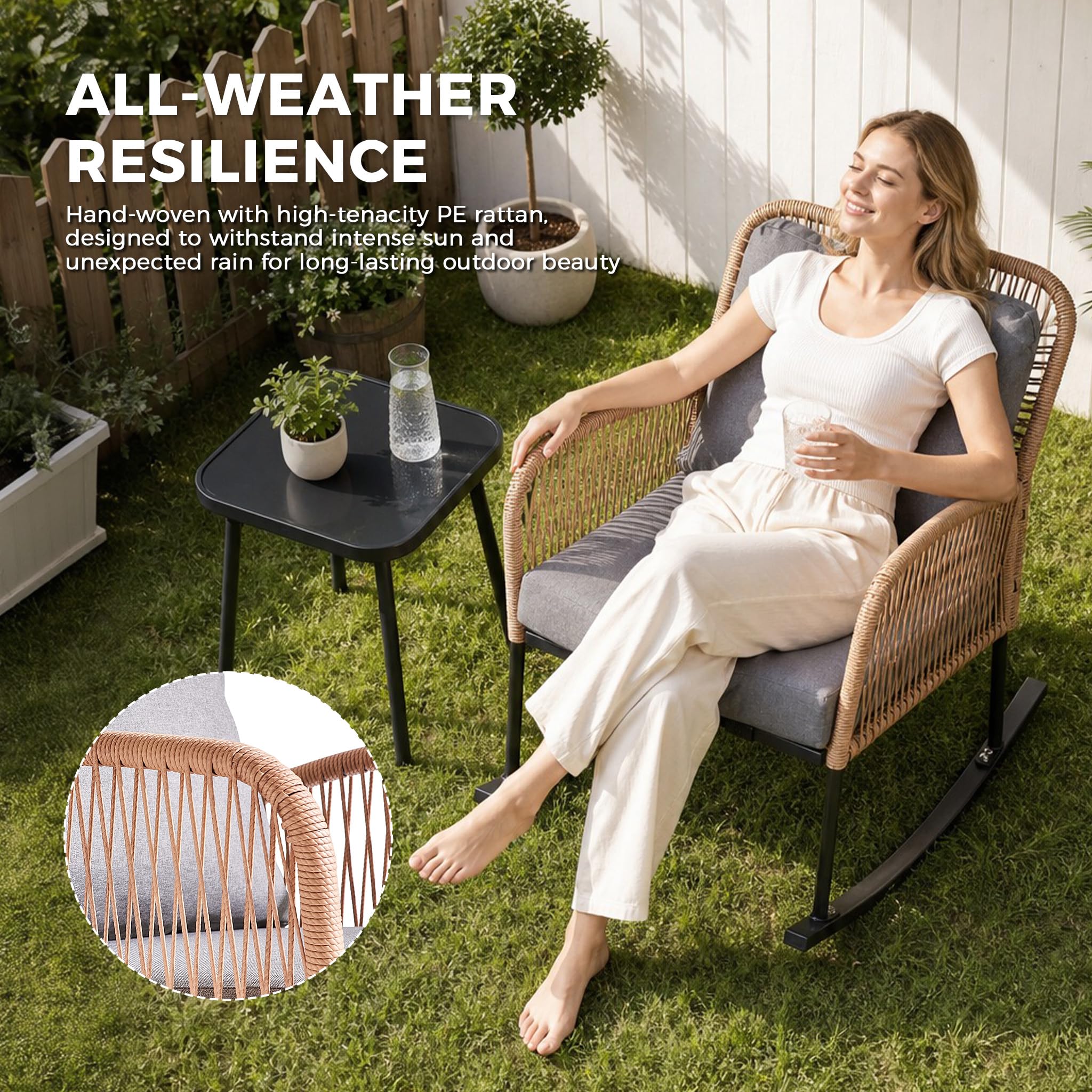 PAZDQ 3-Piece Patio Rocking Bistro Set, Outdoor Hand-Woven PE Wicker Furniture, All-Weather Rattan Bistro Sets & Minimalist Side Table for Porch, Garden, Backyard, Grey