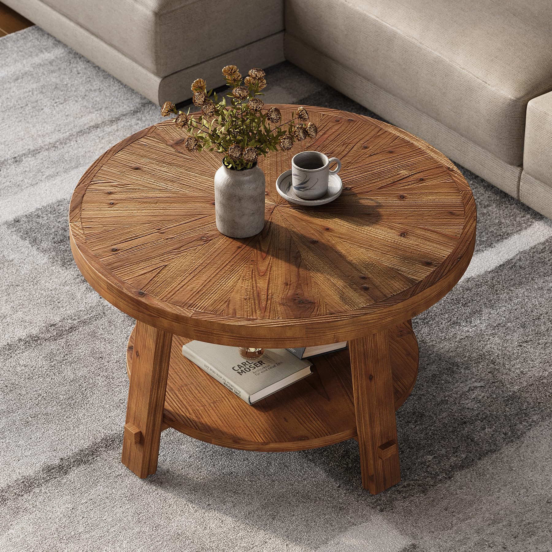 LITTLE TREE Solid Wood Coffee Table with Storage, 2-Tier Farmhouse Round Coffee Table for Living Room, Easy Assembly (Rustic Wood Color)